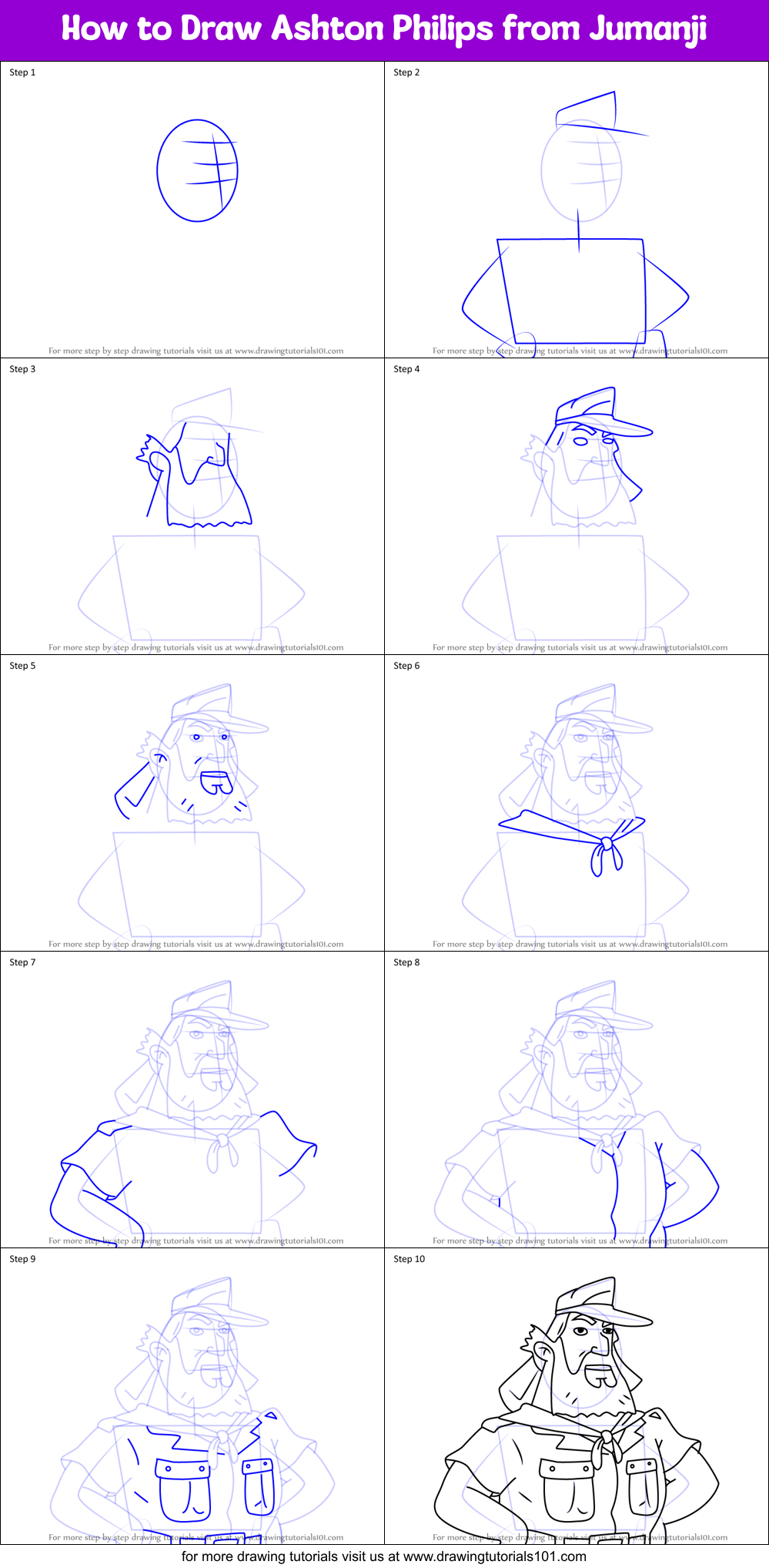 How to Draw Ashton Philips from Jumanji Printable Step by Step