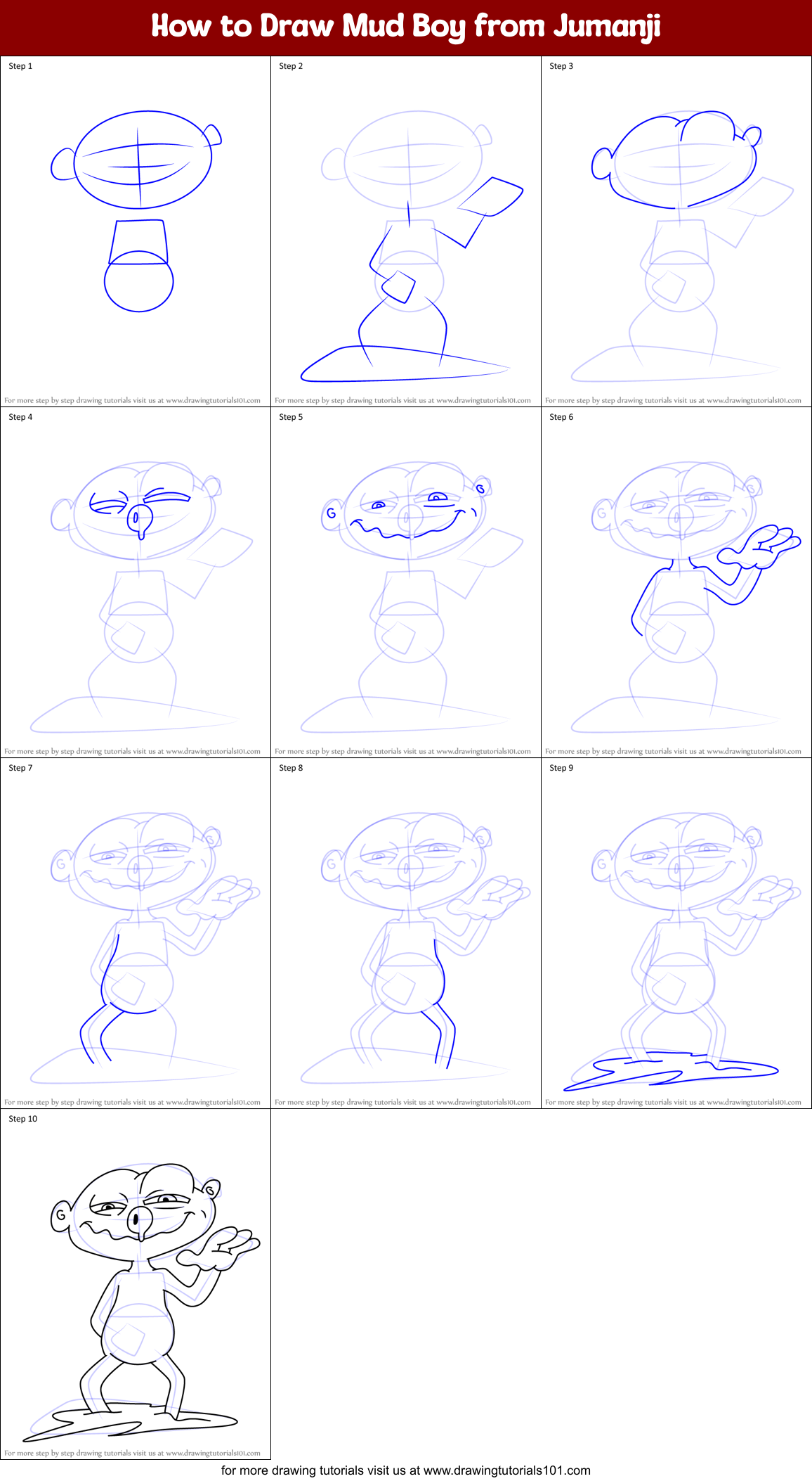 How to Draw Mud Boy from Jumanji Printable Step by Step