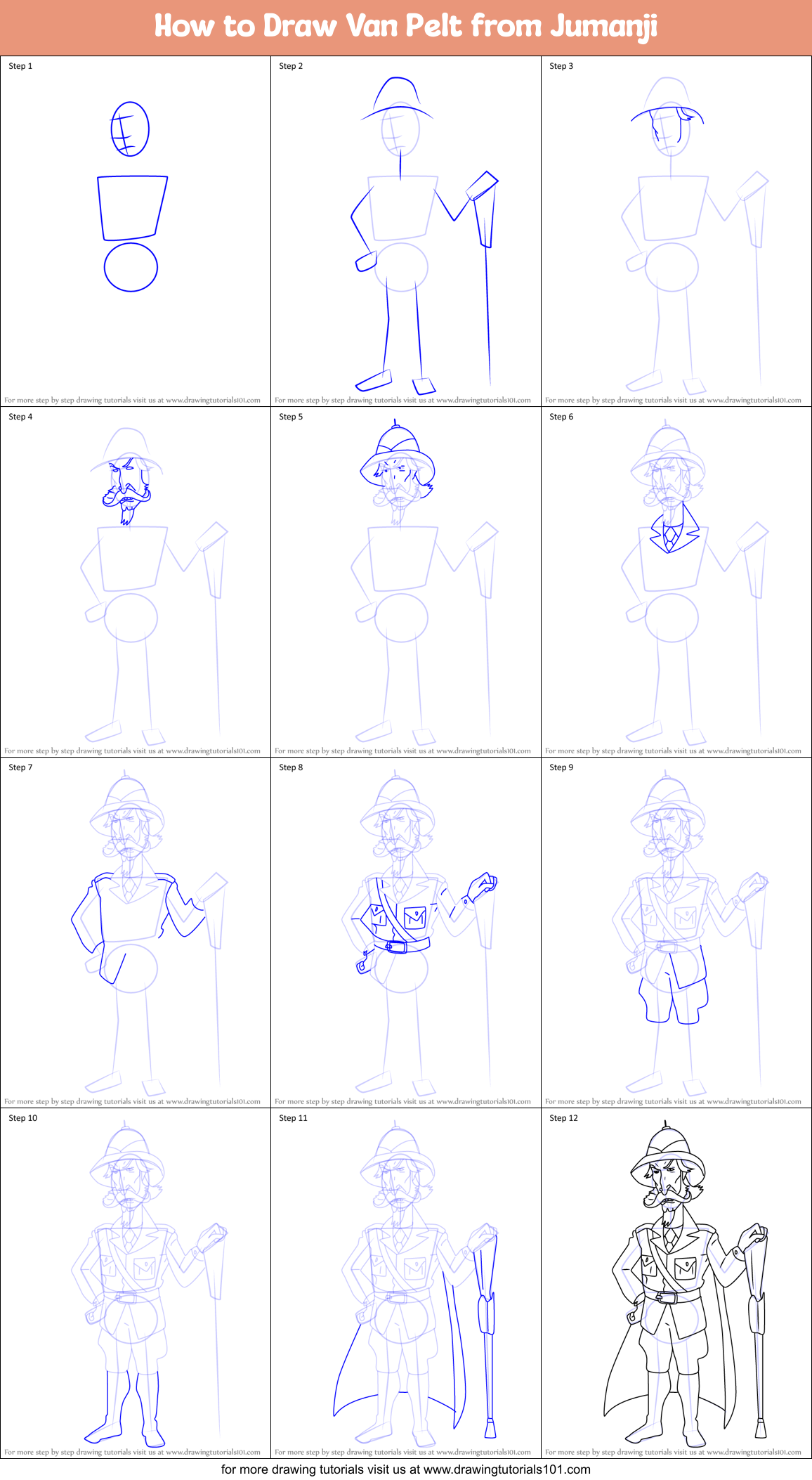 How to Draw Van Pelt from Jumanji Printable Step by Step