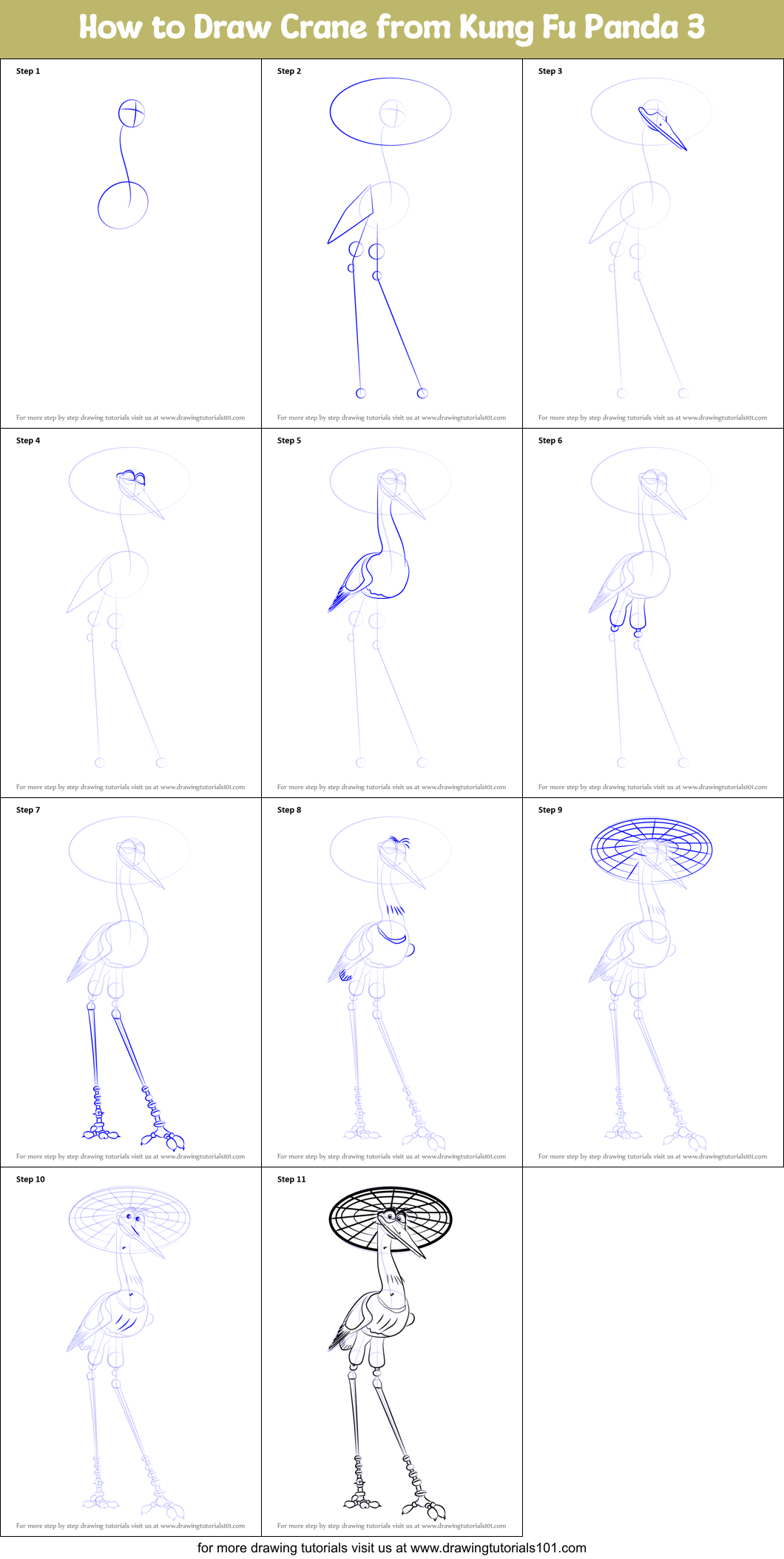 How to Draw Crane from Kung Fu Panda 3 Printable Step by Step