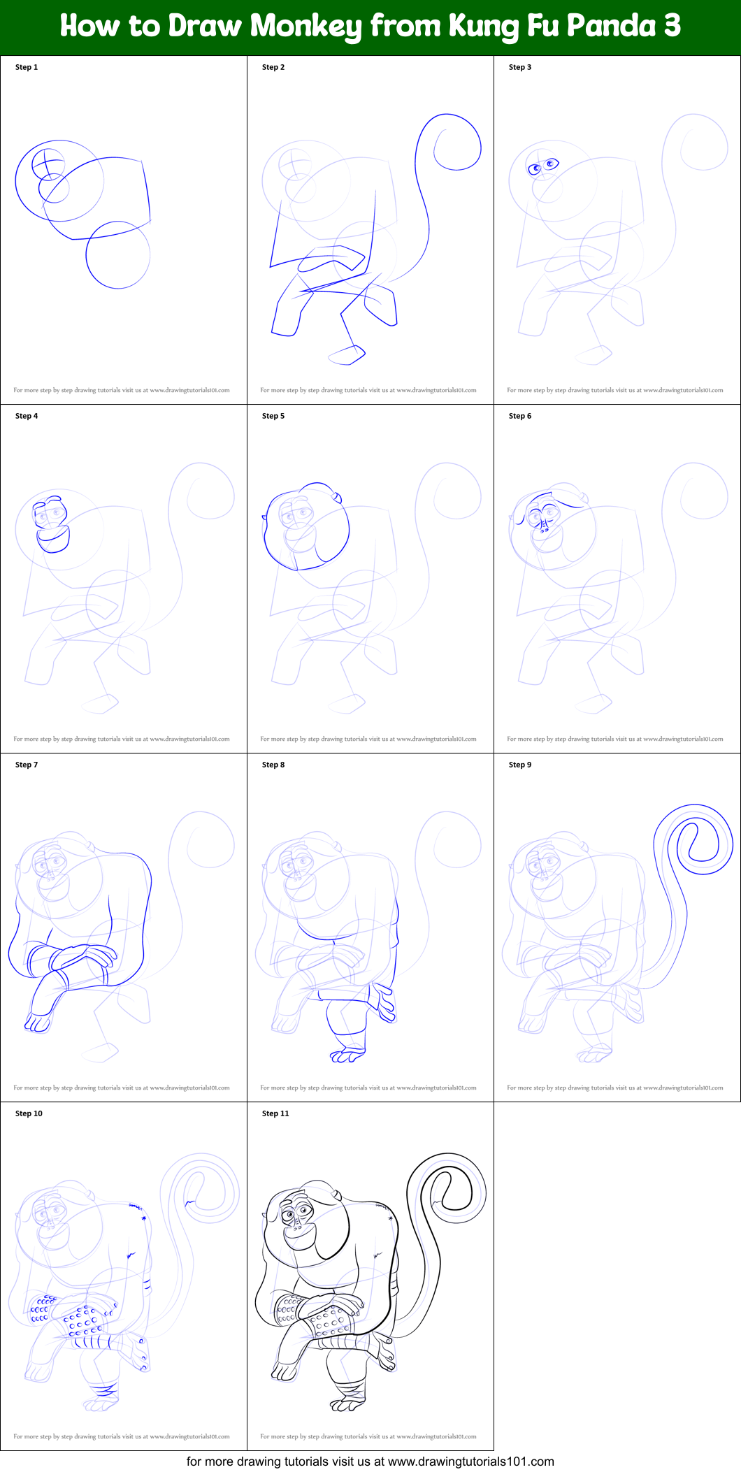 How to Draw Monkey from Kung Fu Panda 3 Printable Step by Step