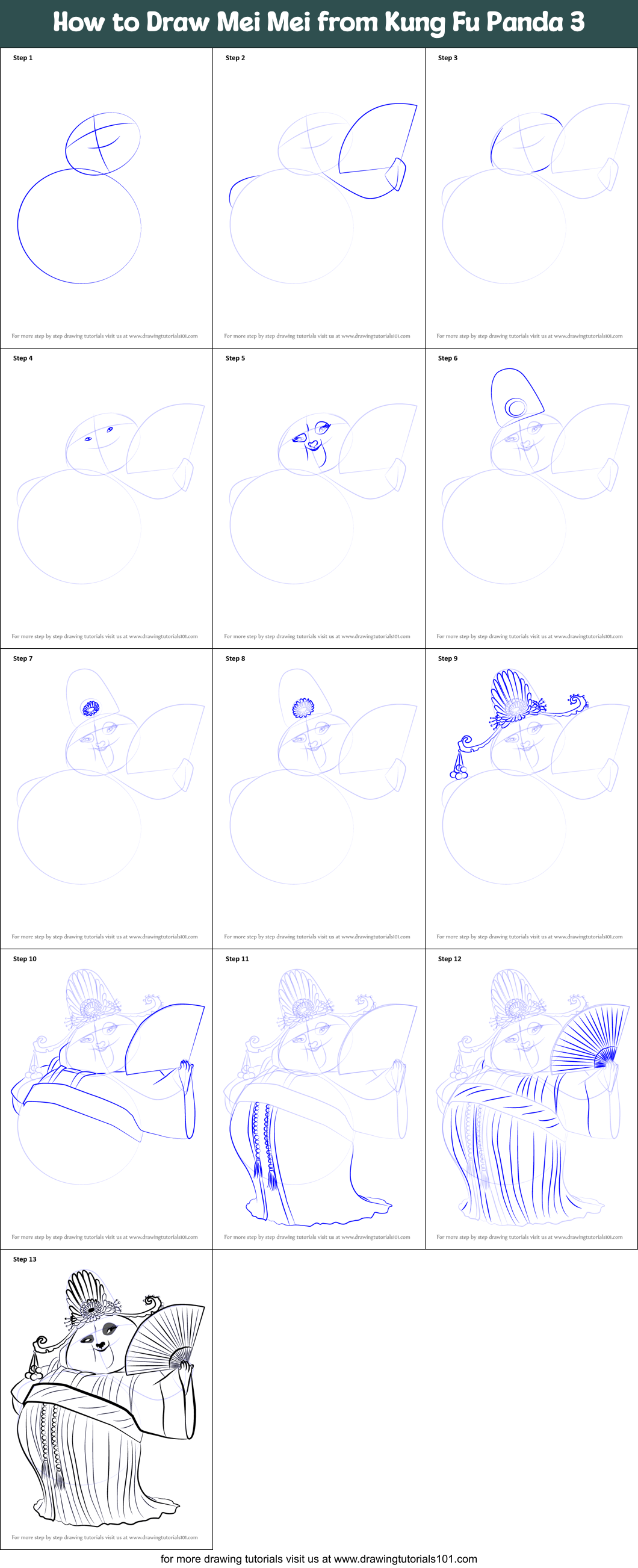 How to Draw Mei Mei from Kung Fu Panda 3 Printable Step by Step