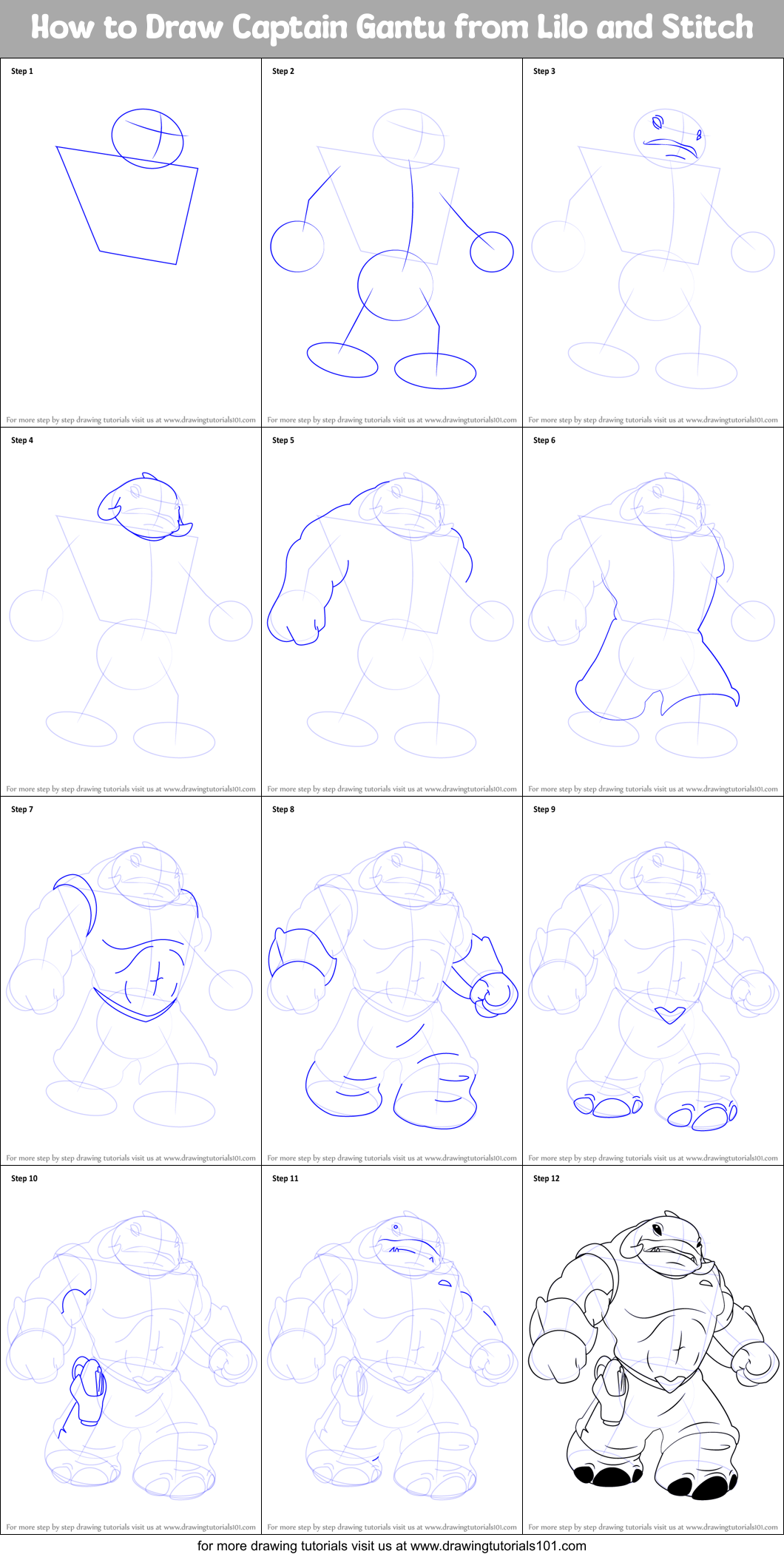 How to Draw Captain Gantu from Lilo and Stitch Printable Step by Step
