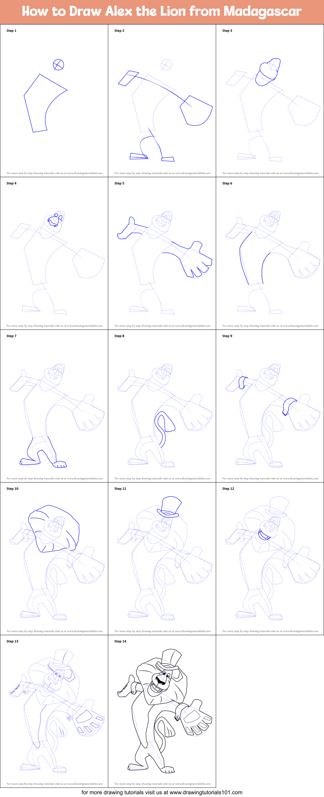 How to Draw Alex the Lion from Madagascar Printable Step by Step