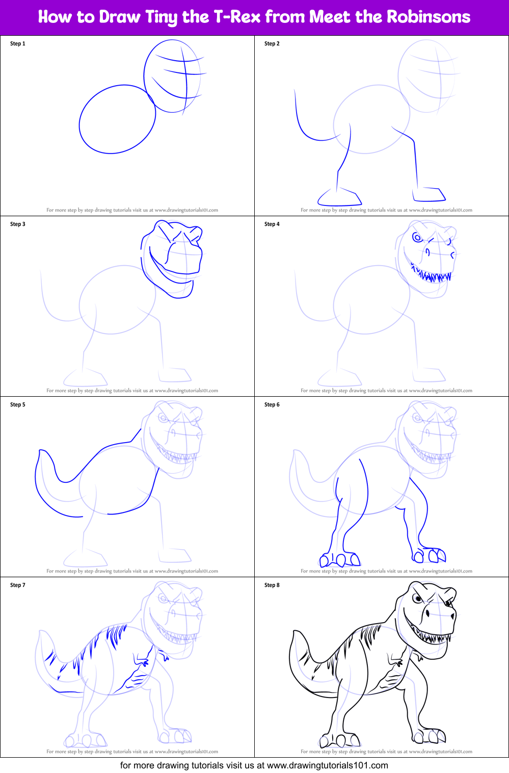 How to Draw Tiny the T-Rex from Meet the Robinsons Printable Step by Step
