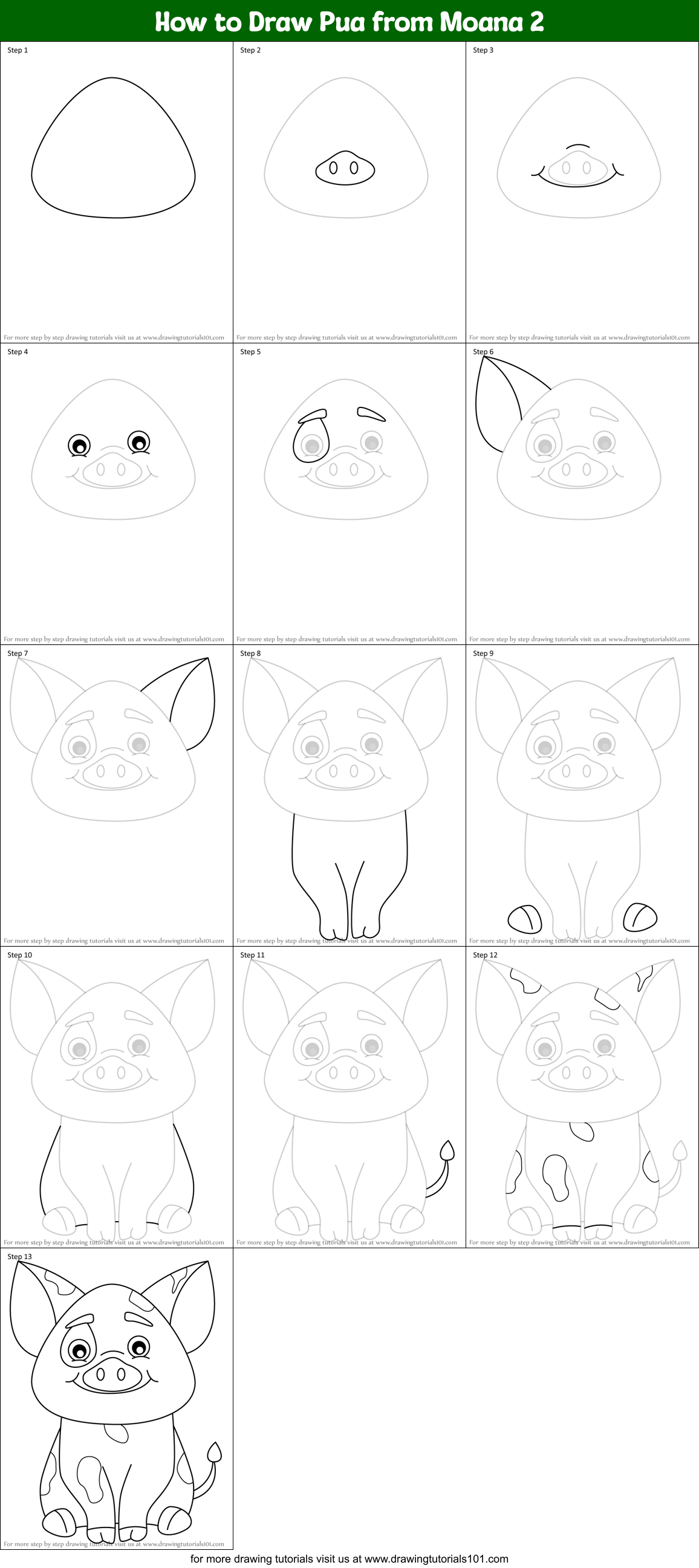 How to Draw Pua from Moana 2 Printable Step by Step