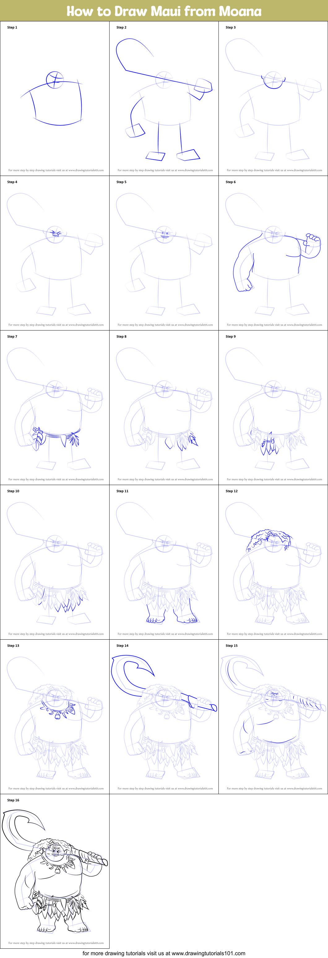 How to Draw Maui from Moana Printable Step by Step