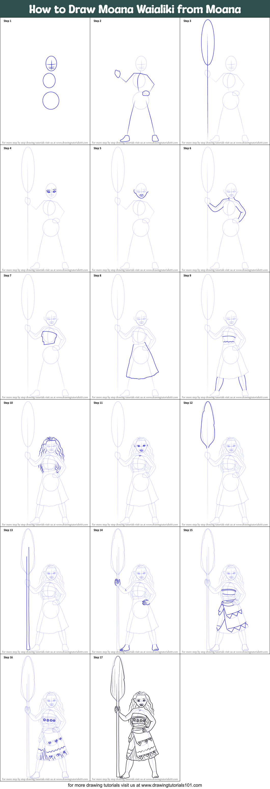 How to Draw Moana Waialiki from Moana Printable Step by Step
