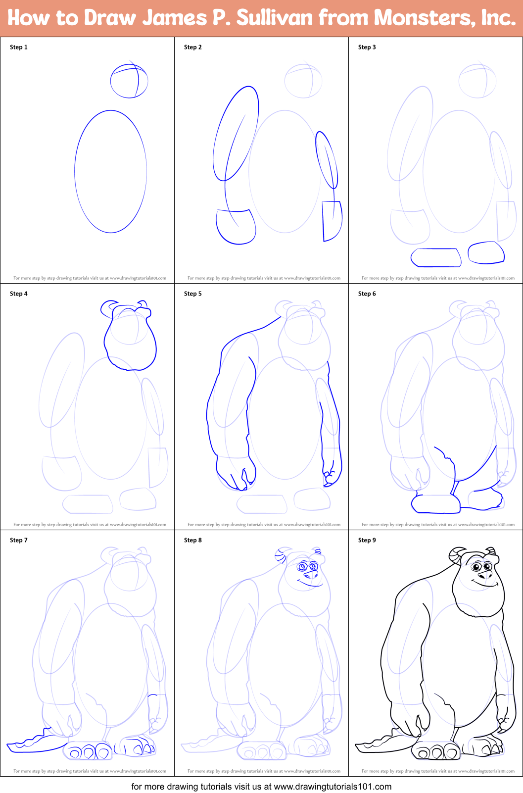 How to Draw James P. Sullivan from Monsters, Inc. Printable Step by Step