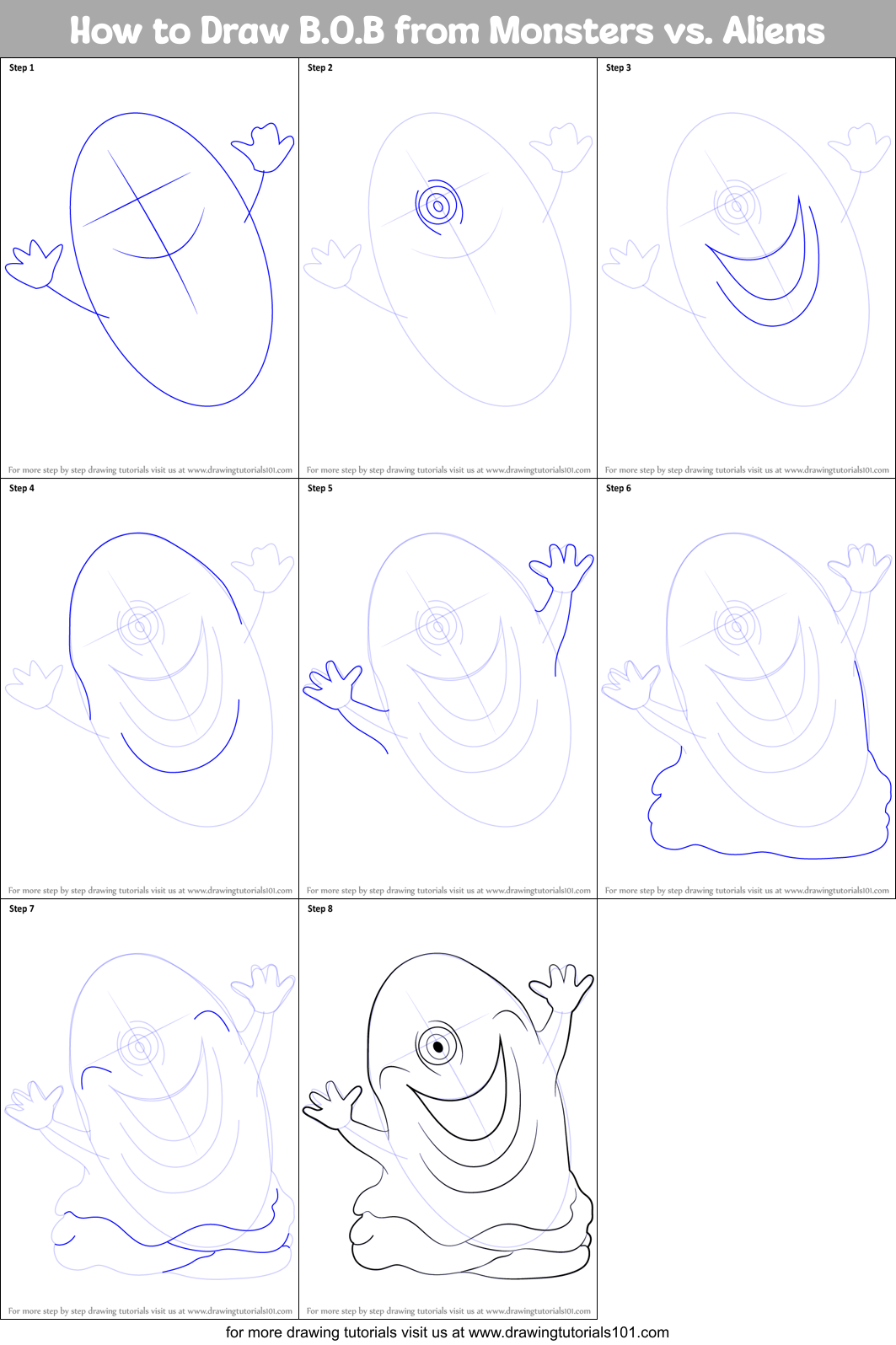 How to Draw B.O.B from Monsters vs. Aliens Printable Step by Step