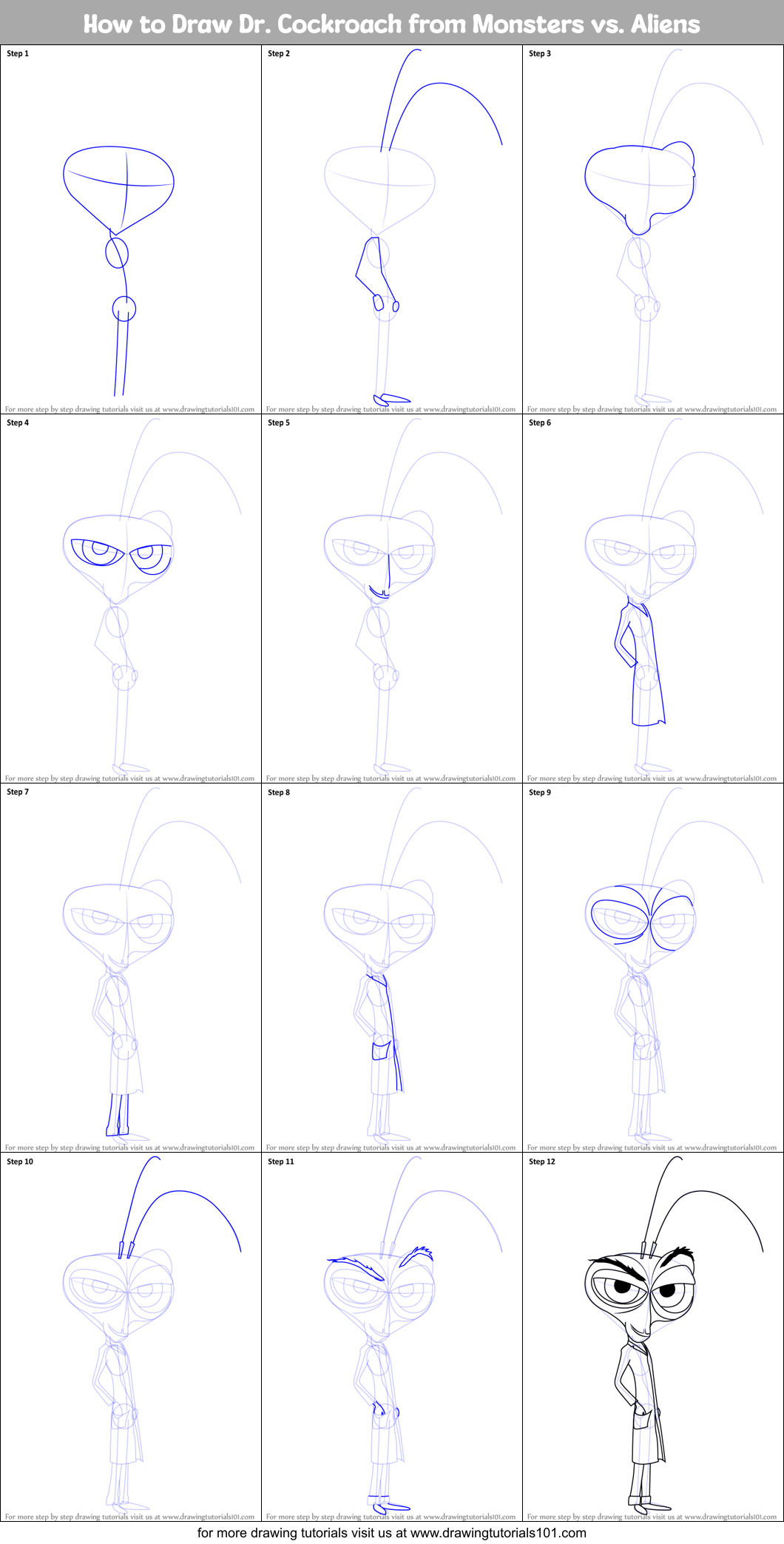 How to Draw Dr. Cockroach from Monsters vs. Aliens Printable Step by Step