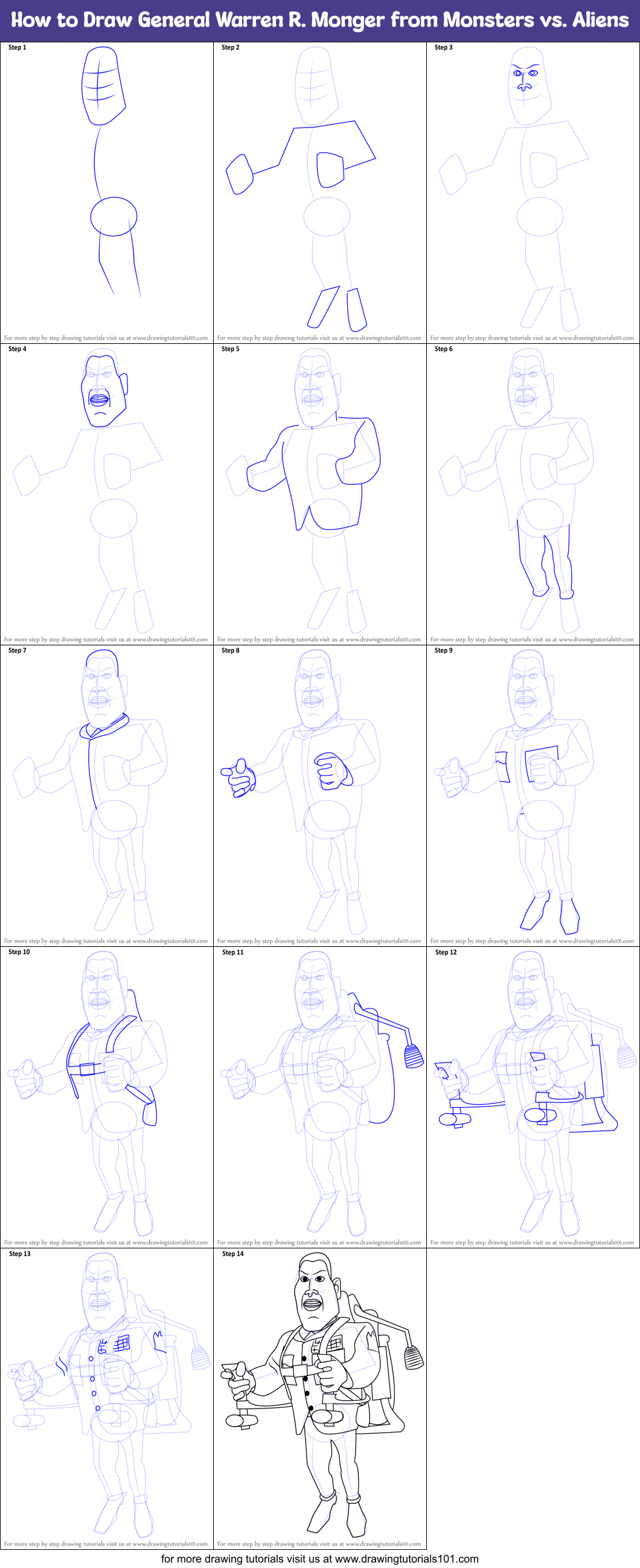 How to Draw General Warren R. Monger from Monsters vs. Aliens Printable Step by Step