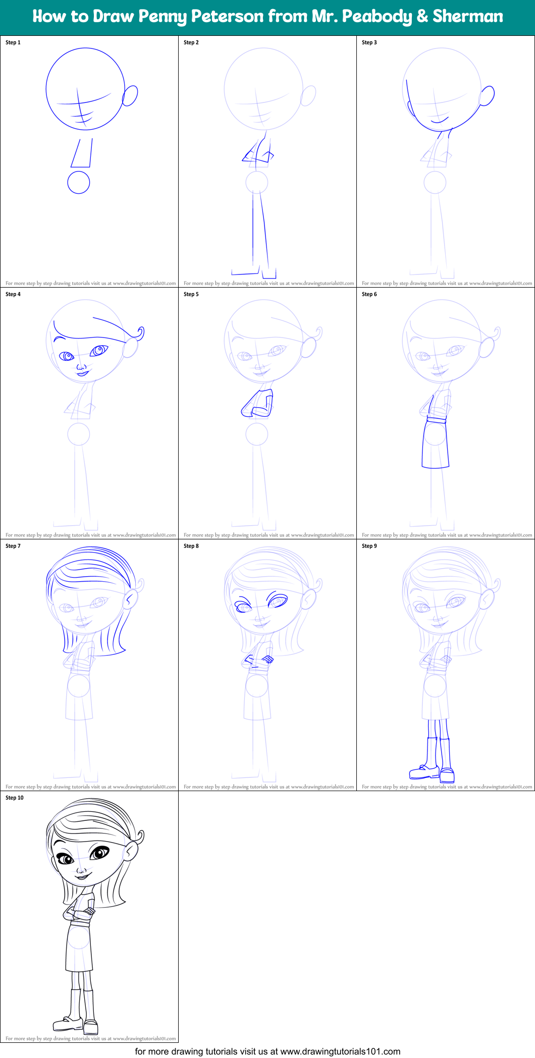 How to Draw Penny Peterson from Mr. Peabody & Sherman Printable Step by Step