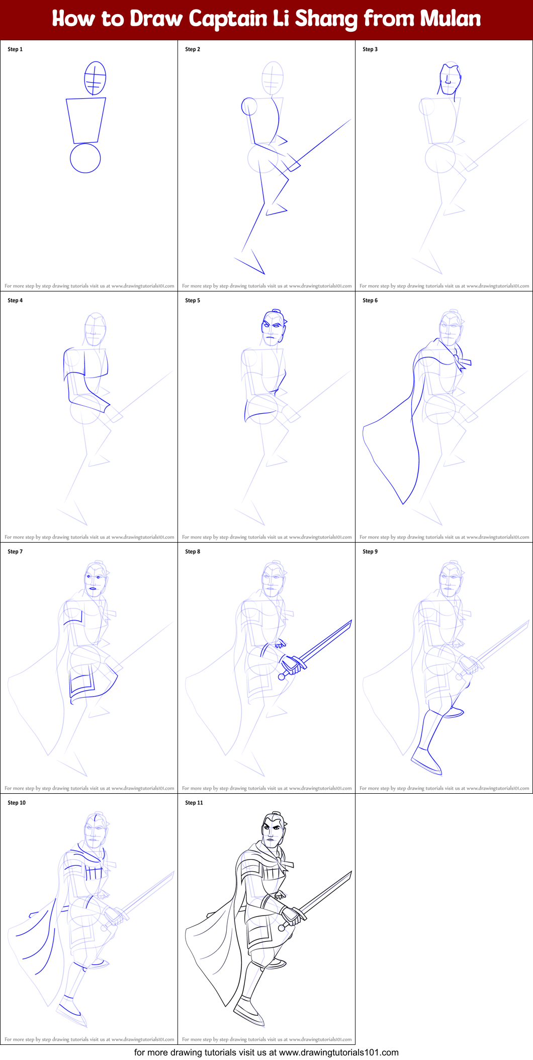 How to Draw Captain Li Shang from Mulan Printable Step by Step