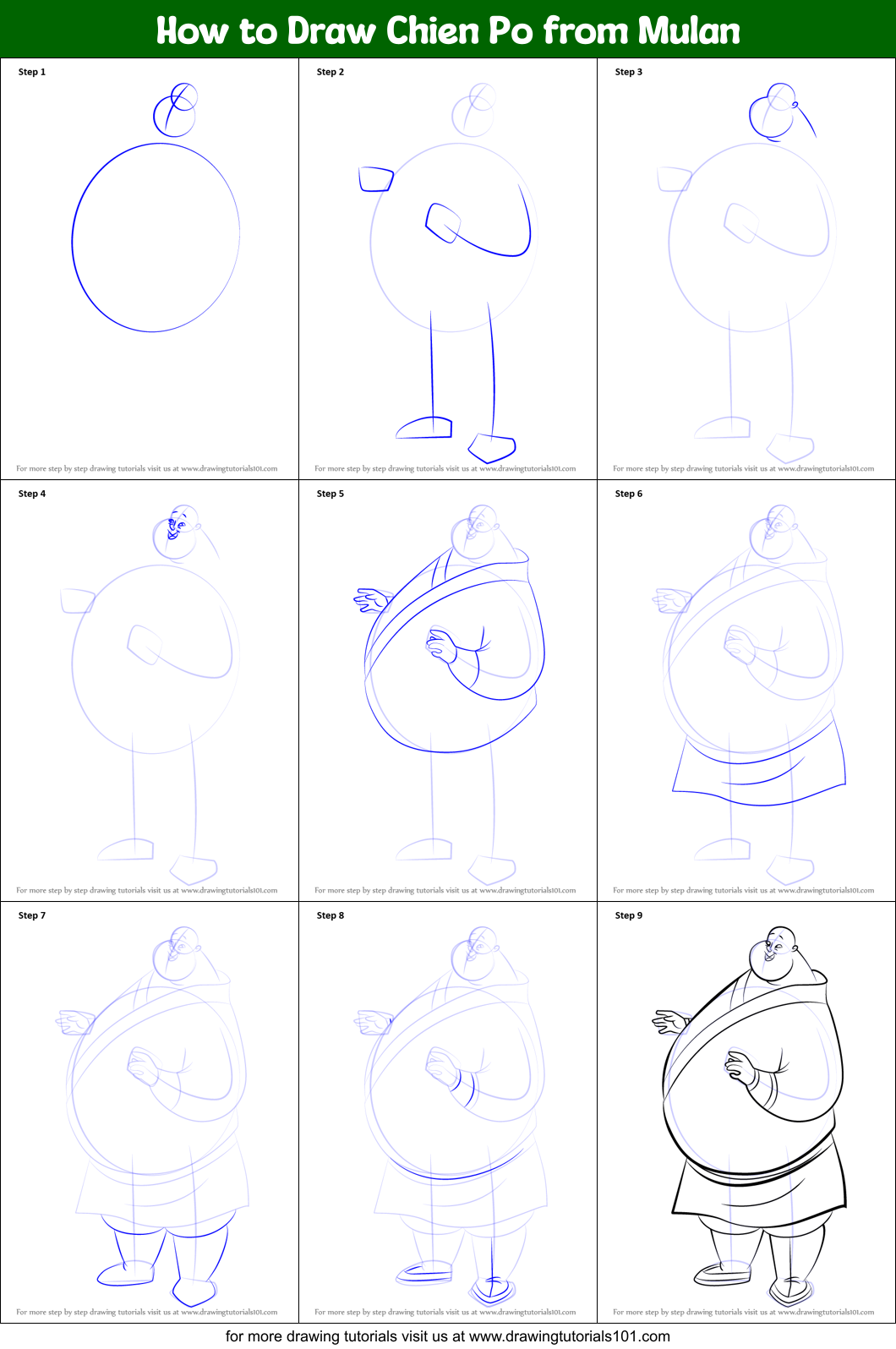 How to Draw Chien Po from Mulan Printable Step by Step