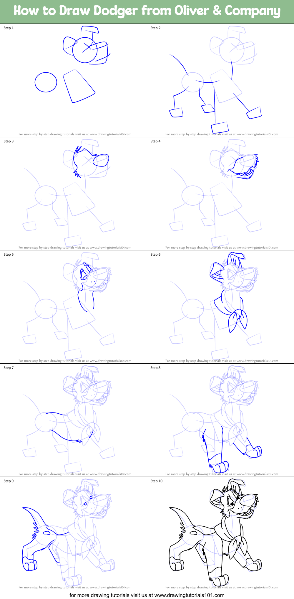 How to Draw Dodger from Oliver & Company Printable Step by Step
