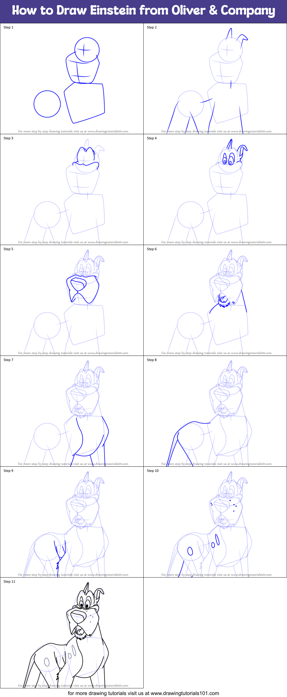 How to Draw Einstein from Oliver & Company Printable Step by Step