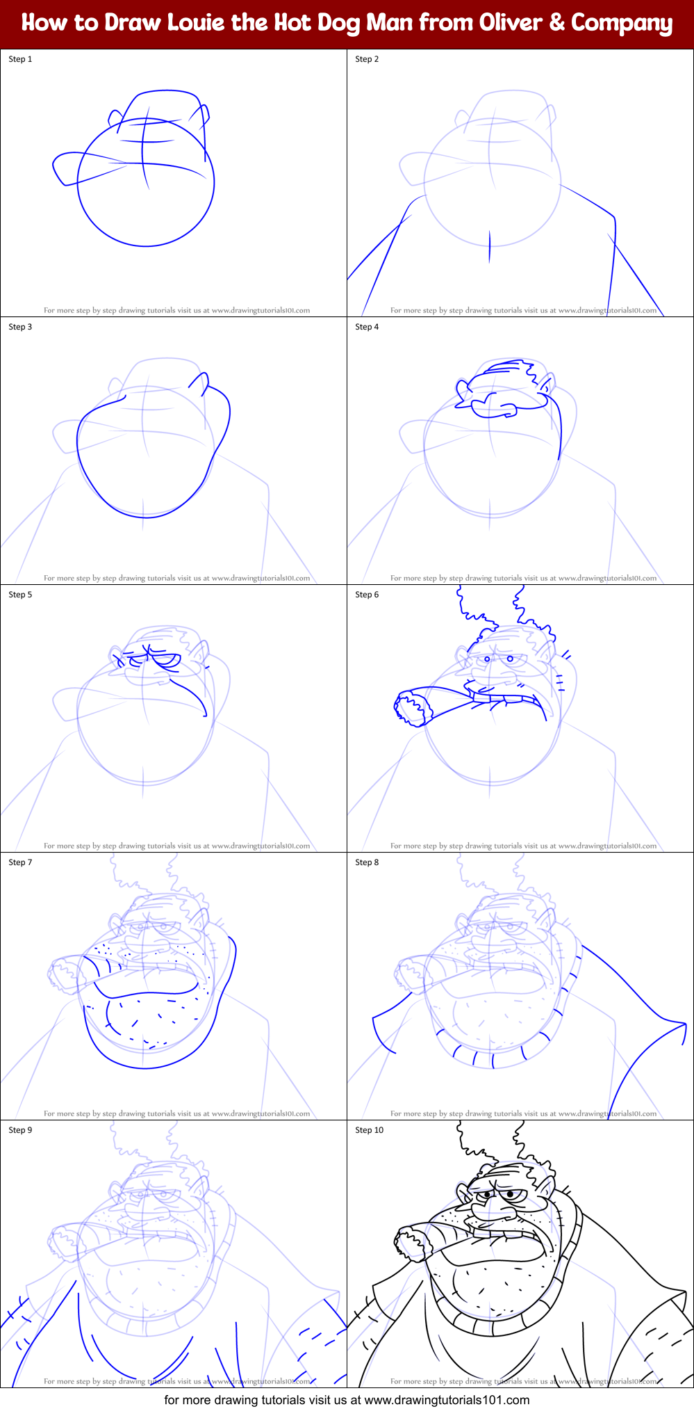 How to Draw Louie the Hot Dog Man from Oliver & Company Printable Step by Step