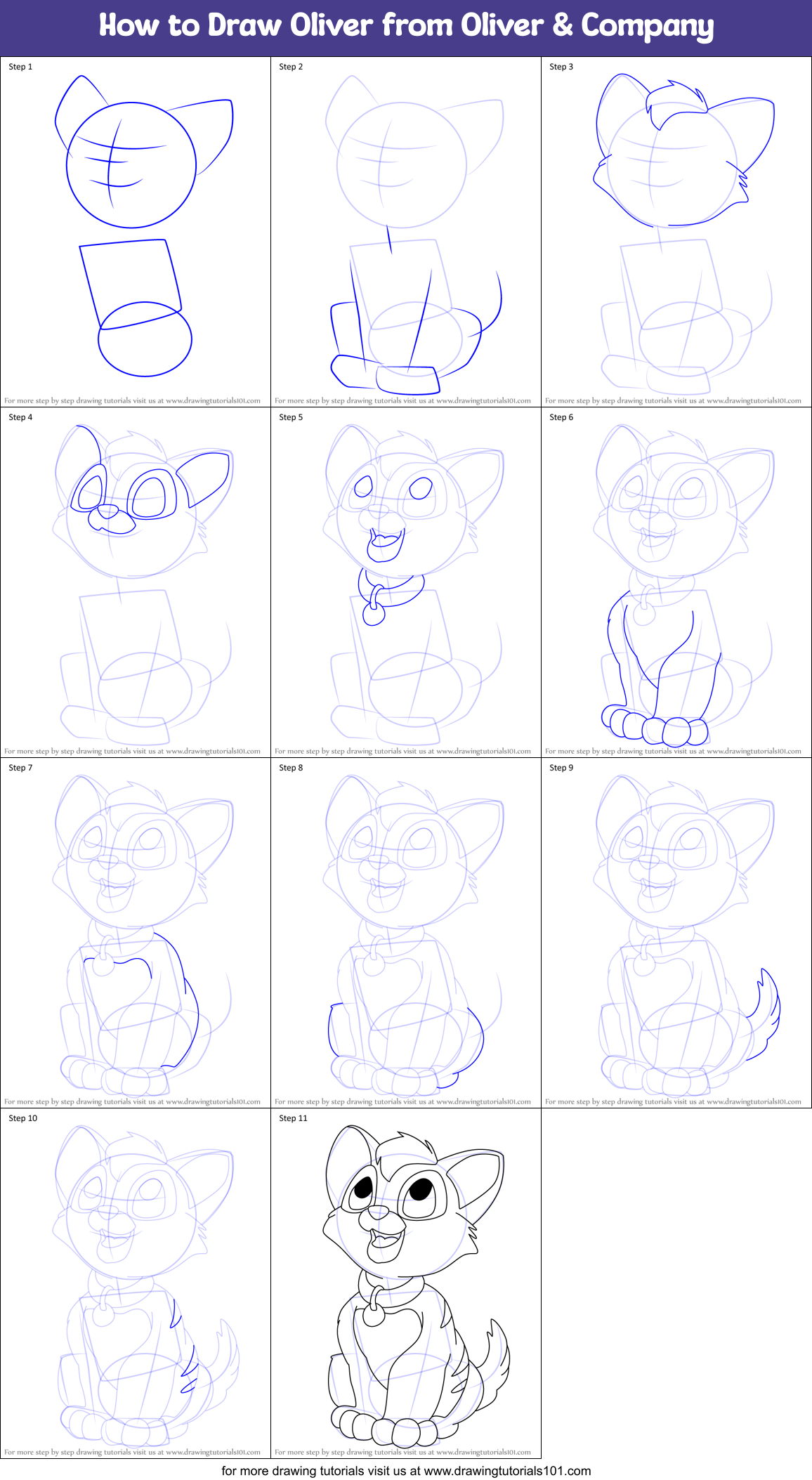 How to Draw Oliver from Oliver & Company Printable Step by Step