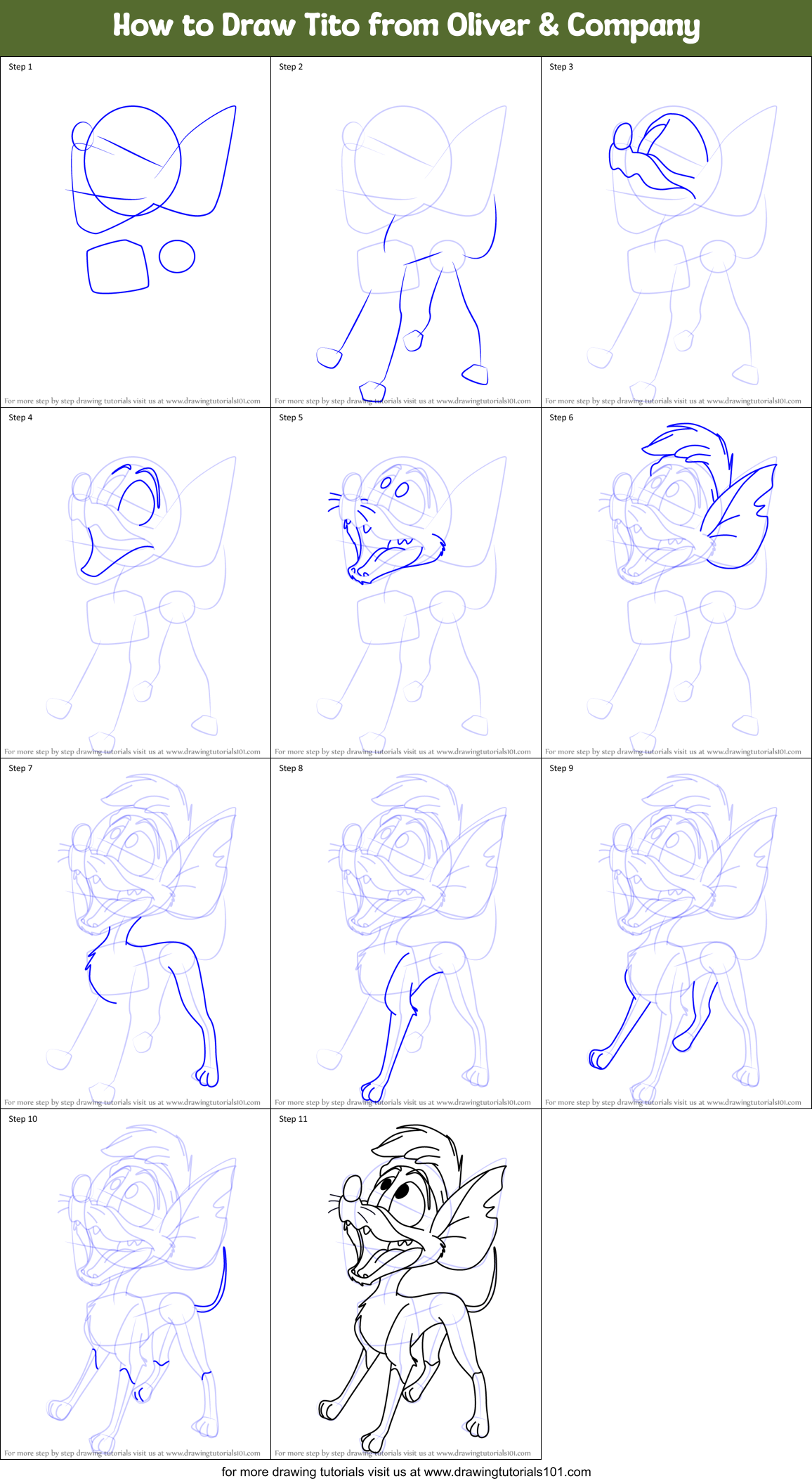 How to Draw Tito from Oliver & Company Printable Step by Step