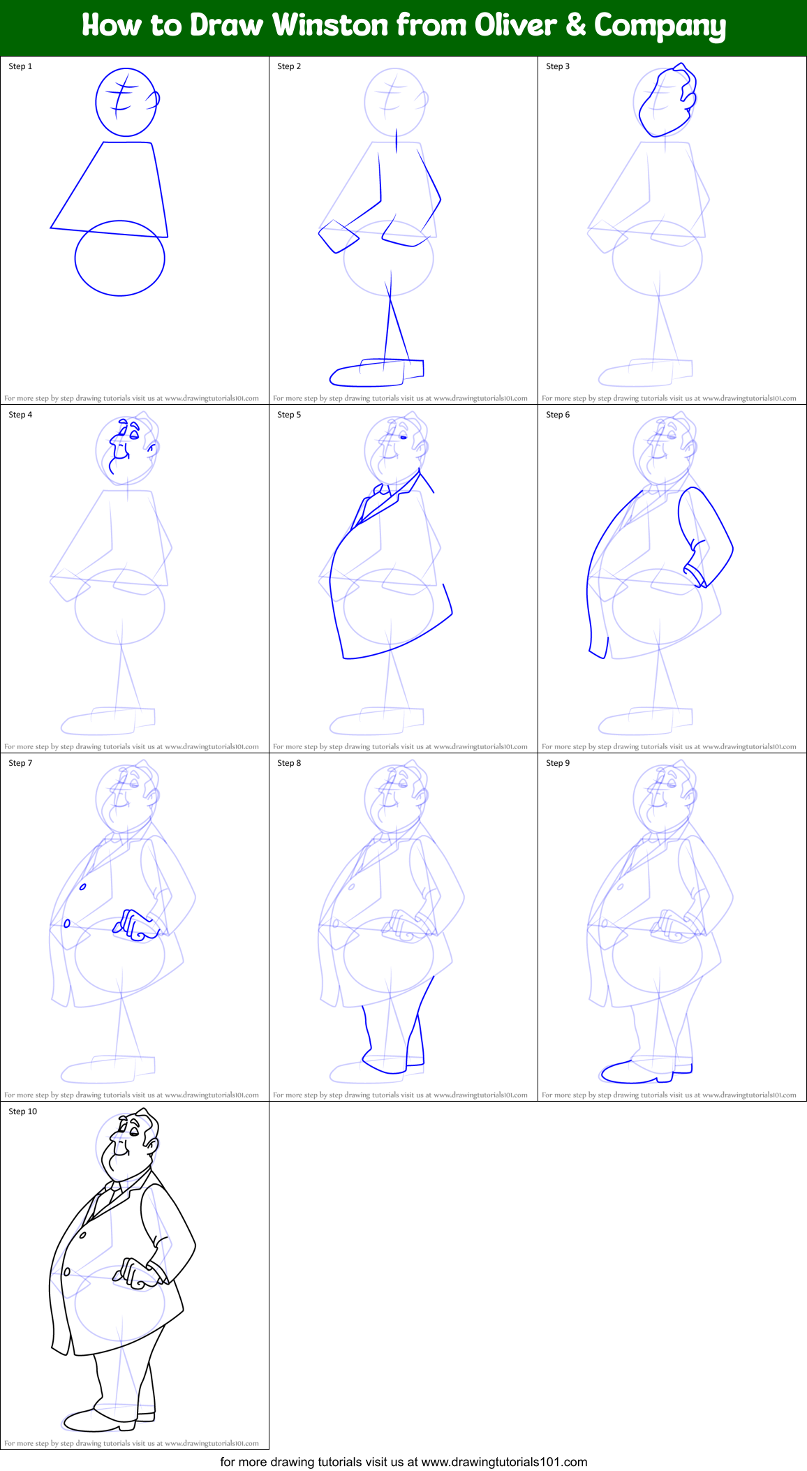 How to Draw Winston from Oliver & Company Printable Step by Step