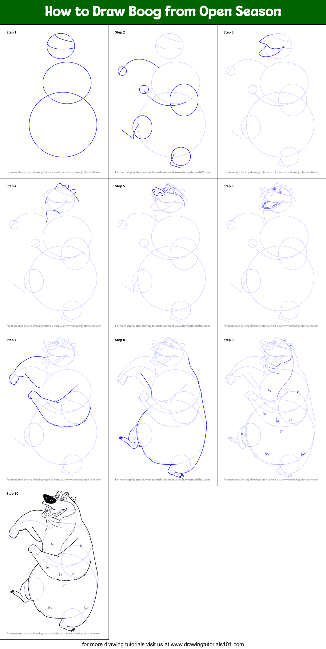 How to Draw Boog from Open Season Printable Step by Step