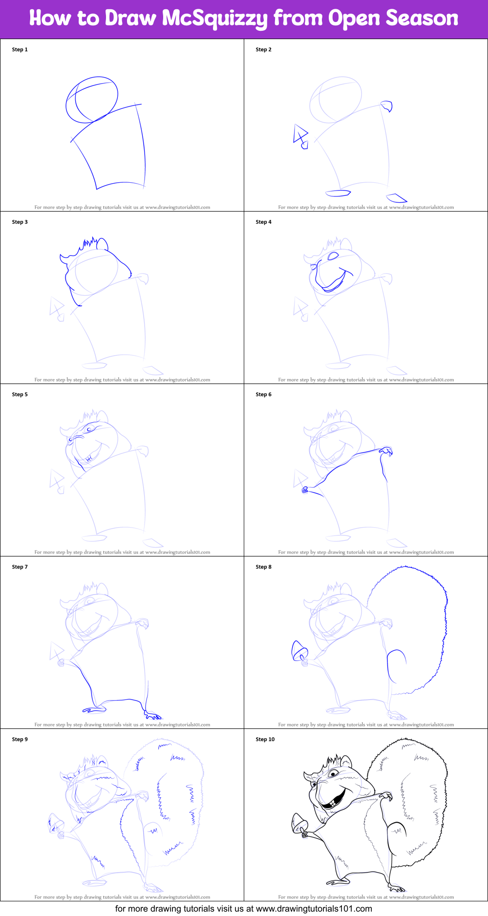 How to Draw McSquizzy from Open Season Printable Step by Step