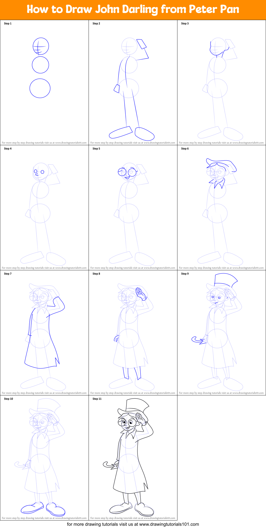 How to Draw John Darling from Peter Pan Printable Step by Step