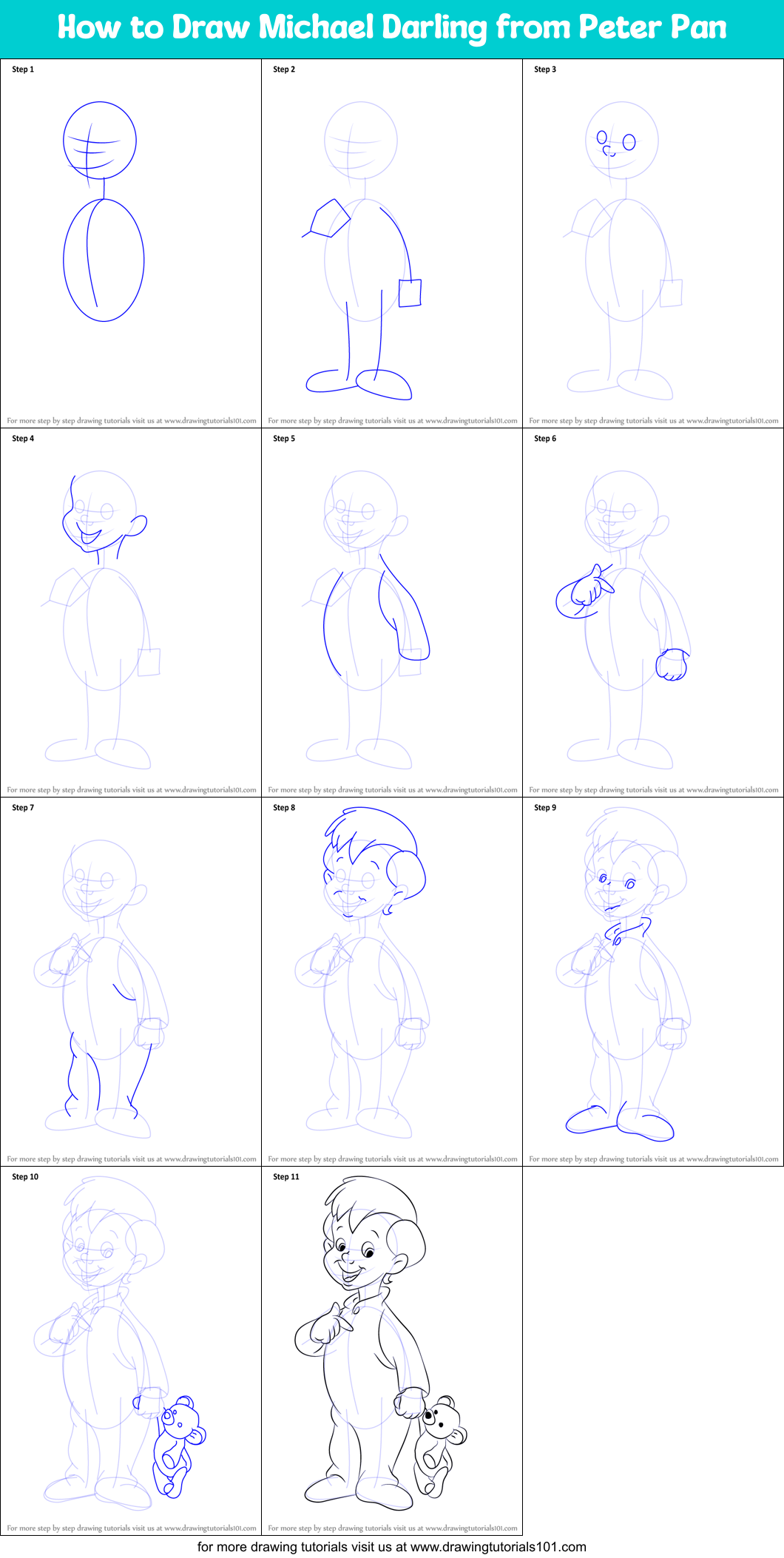 How to Draw Michael Darling from Peter Pan Printable Step by Step