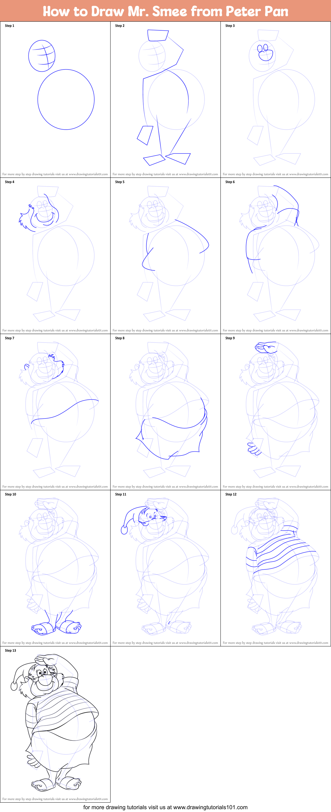 How to Draw Mr. Smee from Peter Pan Printable Step by Step