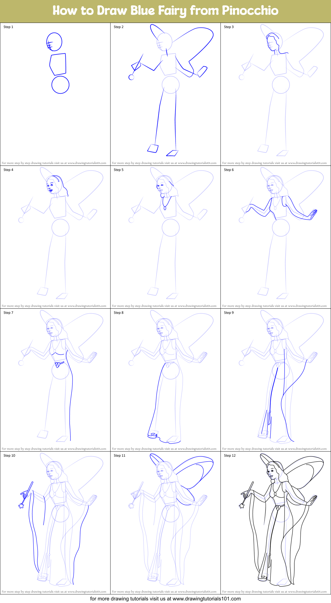 How to Draw Blue Fairy from Pinocchio Printable Step by Step
