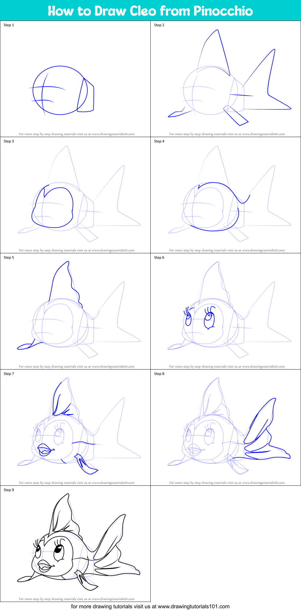 How to Draw Cleo from Pinocchio Printable Step by Step