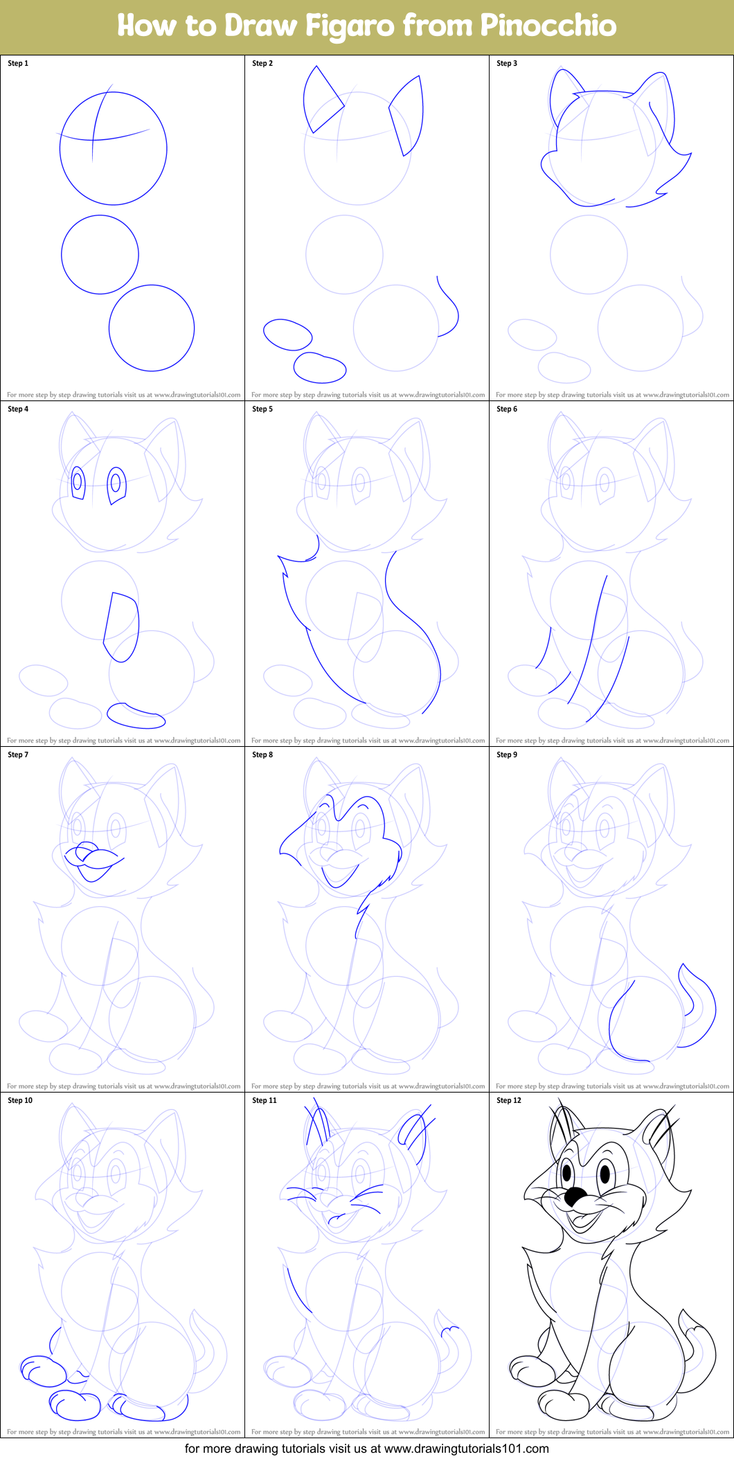 How to Draw Figaro from Pinocchio printable step by step drawing sheet