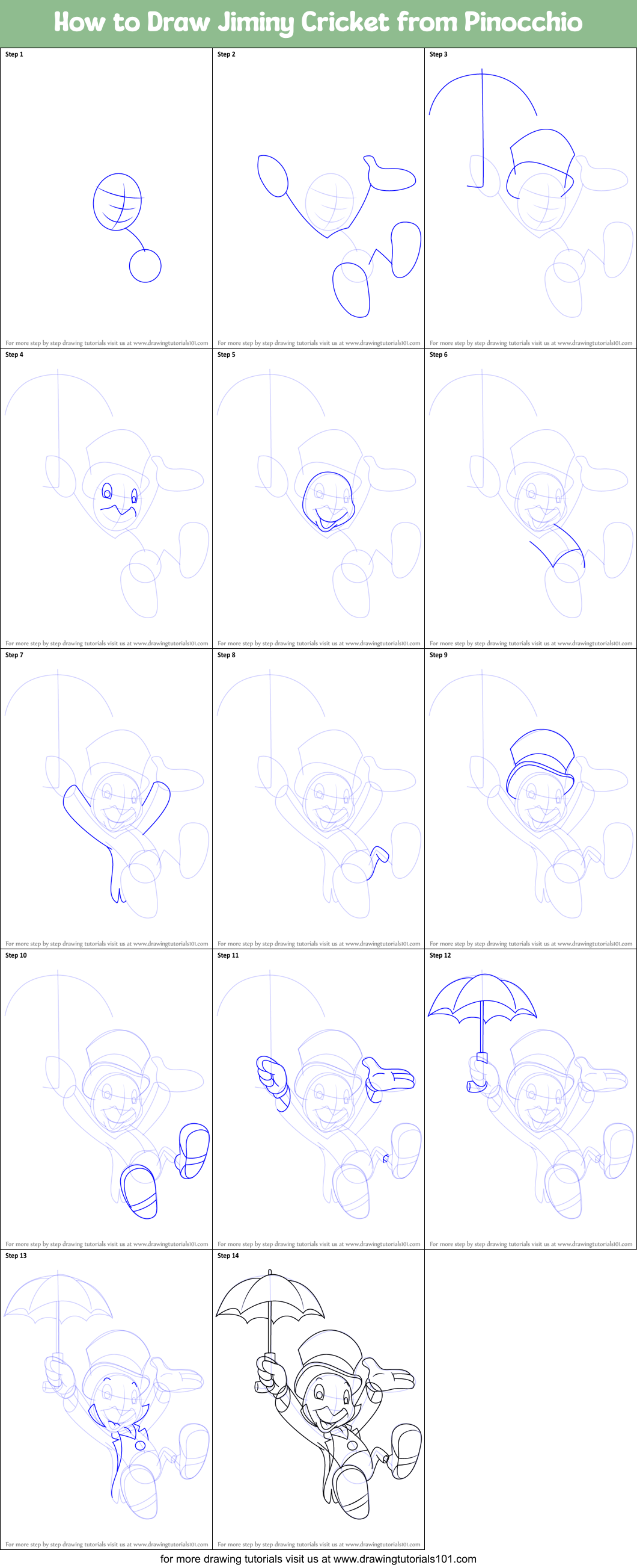 How To Draw Jiminy Cricket From Pinocchio Printable Step By Step