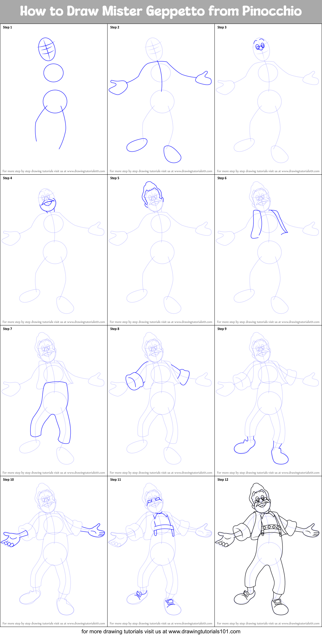 How to Draw Mister Geppetto from Pinocchio printable step by step