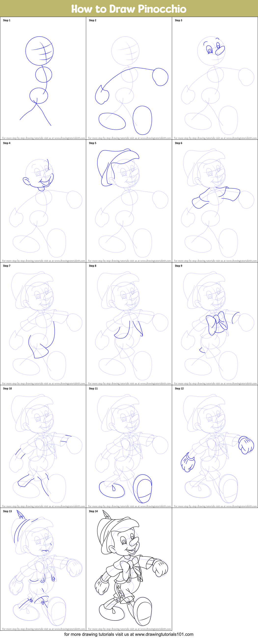 How to Draw Pinocchio Printable Step by Step