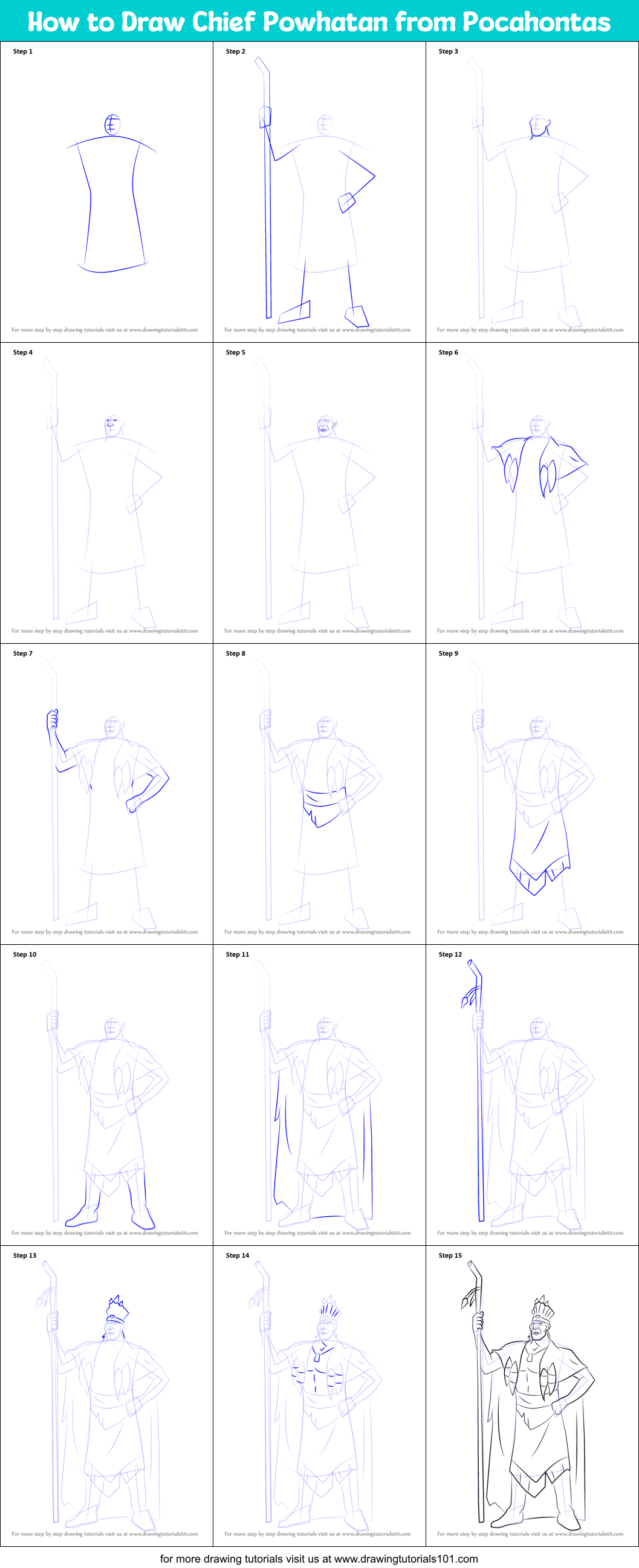 How to Draw Chief Powhatan from Pocahontas Printable Step by Step