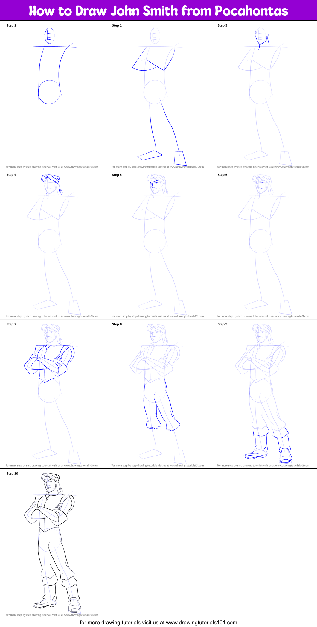 How to Draw John Smith from Pocahontas Printable Step by Step