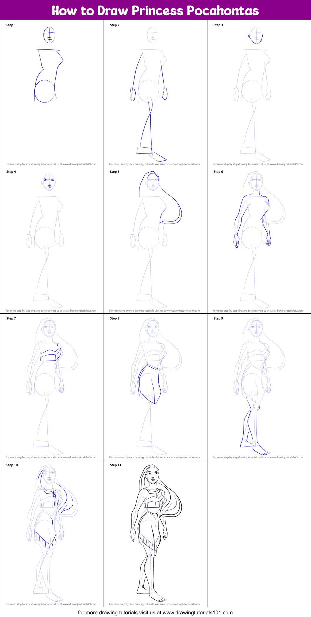How to Draw Princess Pocahontas Printable Step by Step