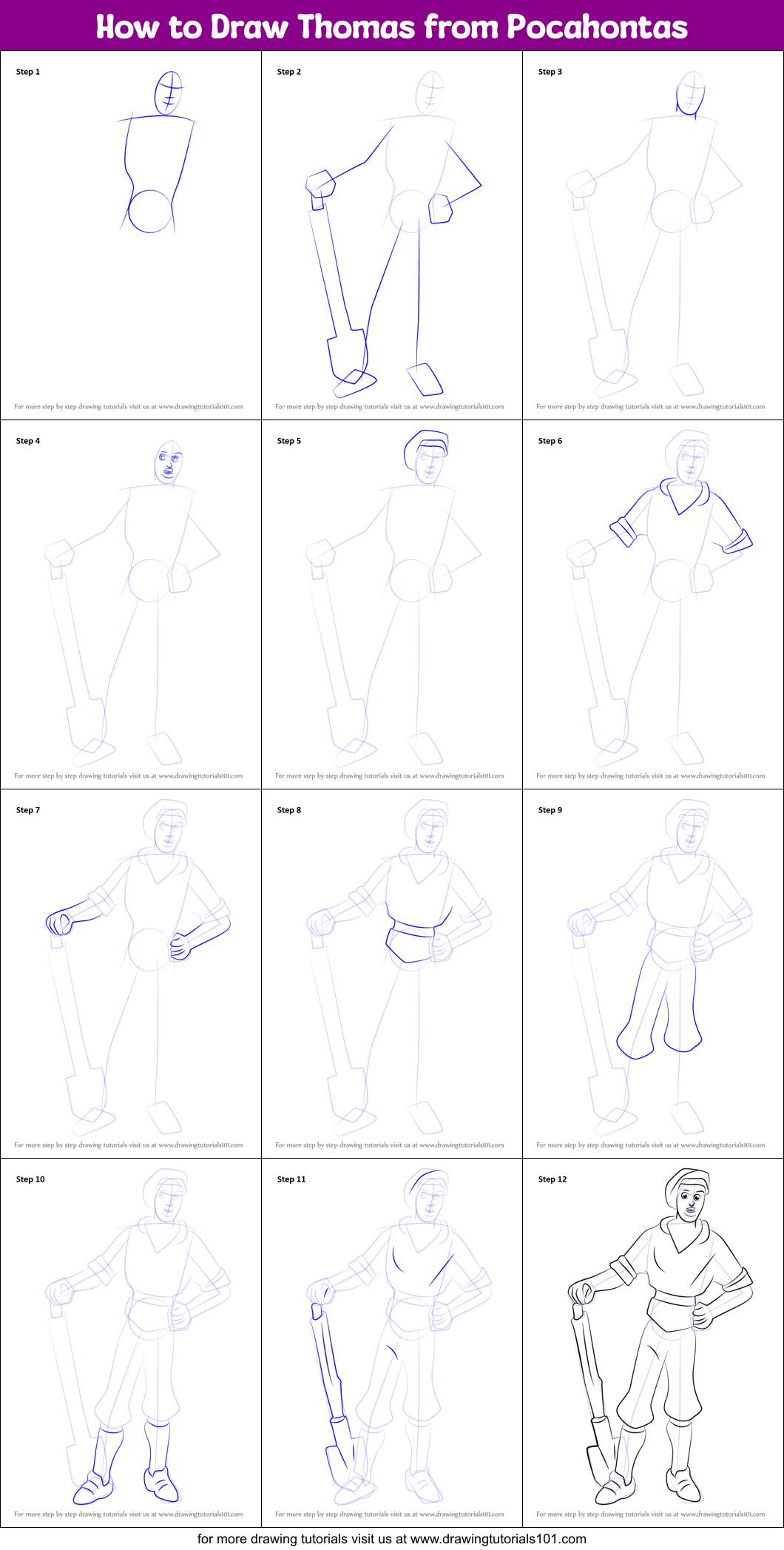 How to Draw Thomas from Pocahontas Printable Step by Step