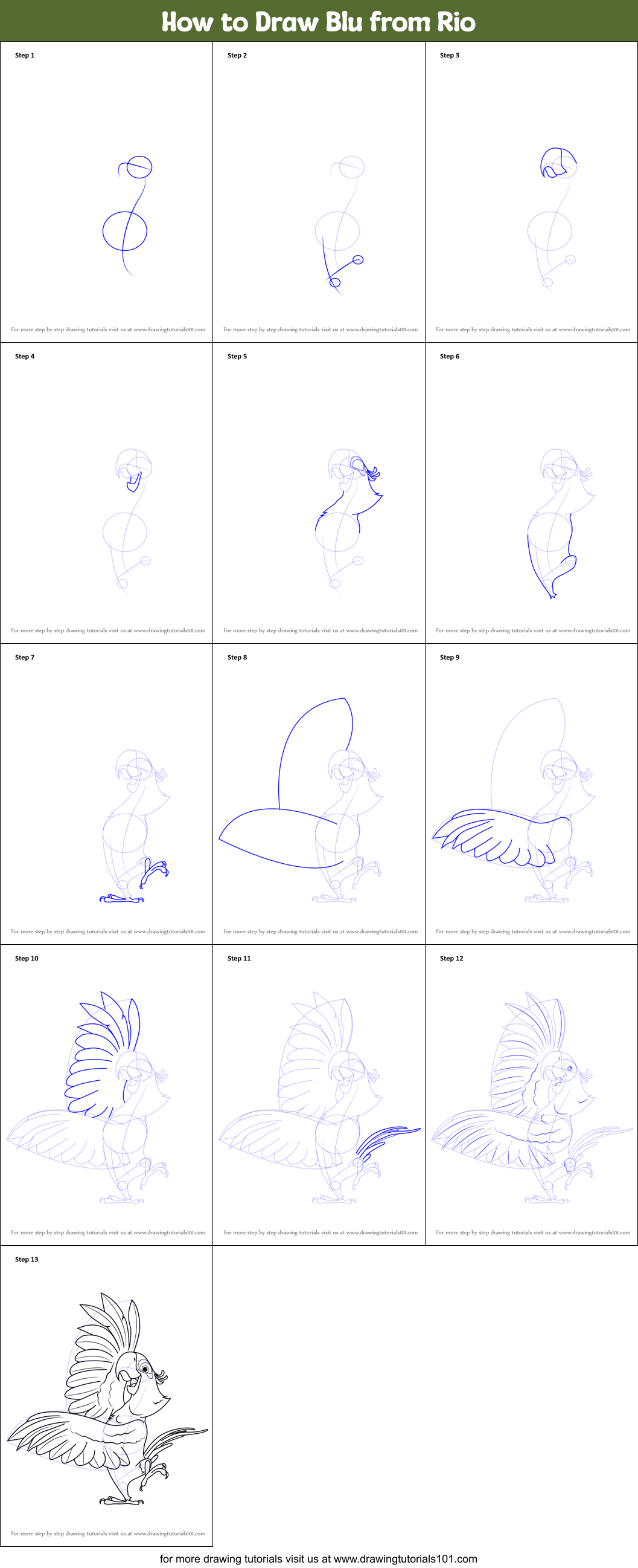 How to Draw Blu from Rio Printable Step by Step