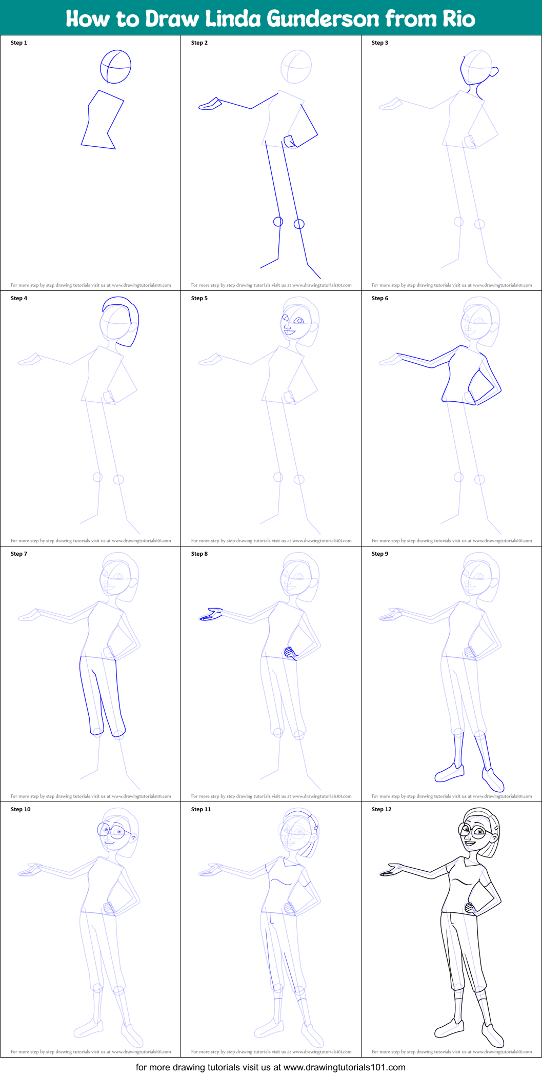 How to Draw Linda Gunderson from Rio Printable Step by Step
