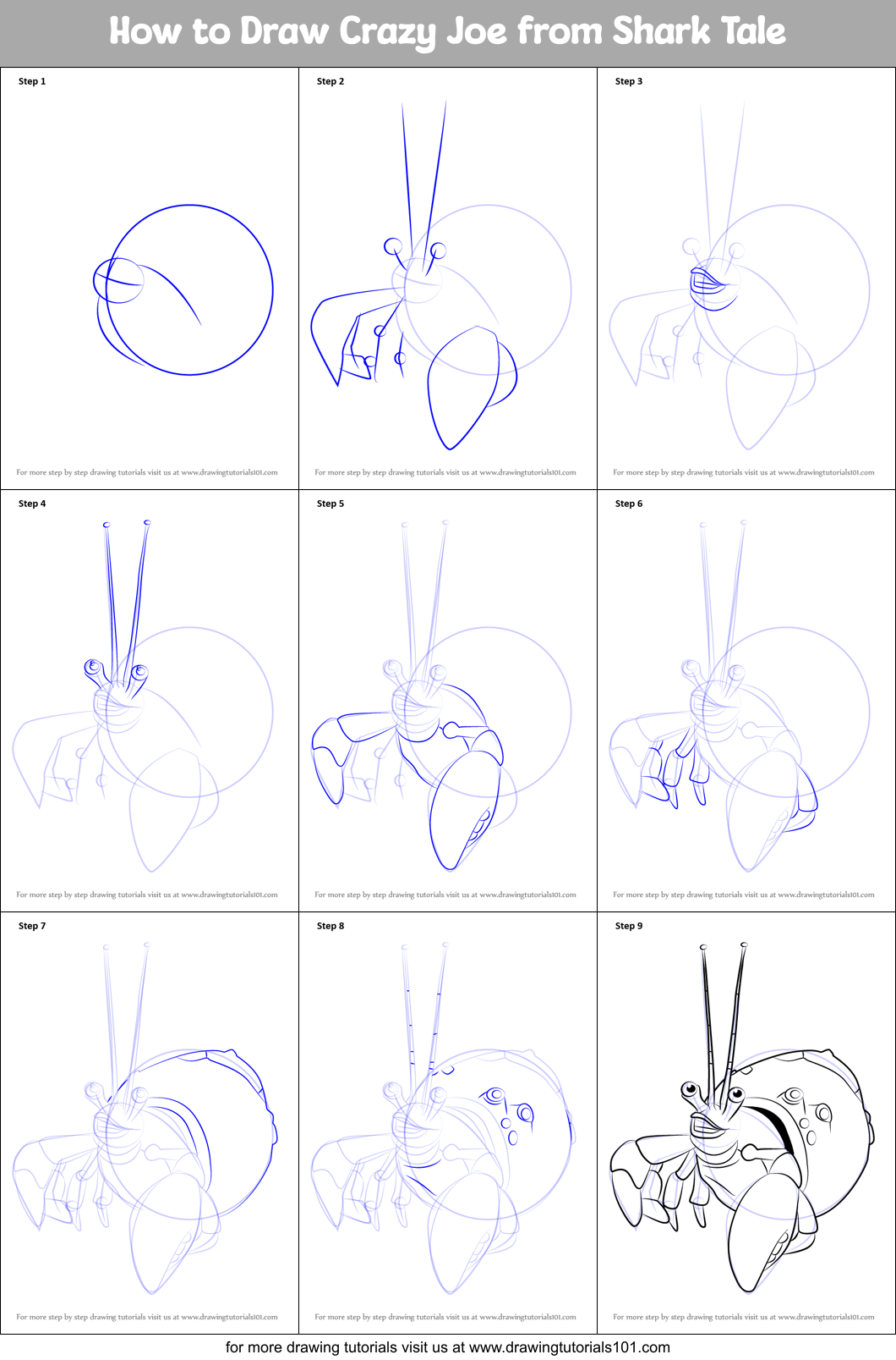 How to Draw Crazy Joe from Shark Tale Printable Step by Step