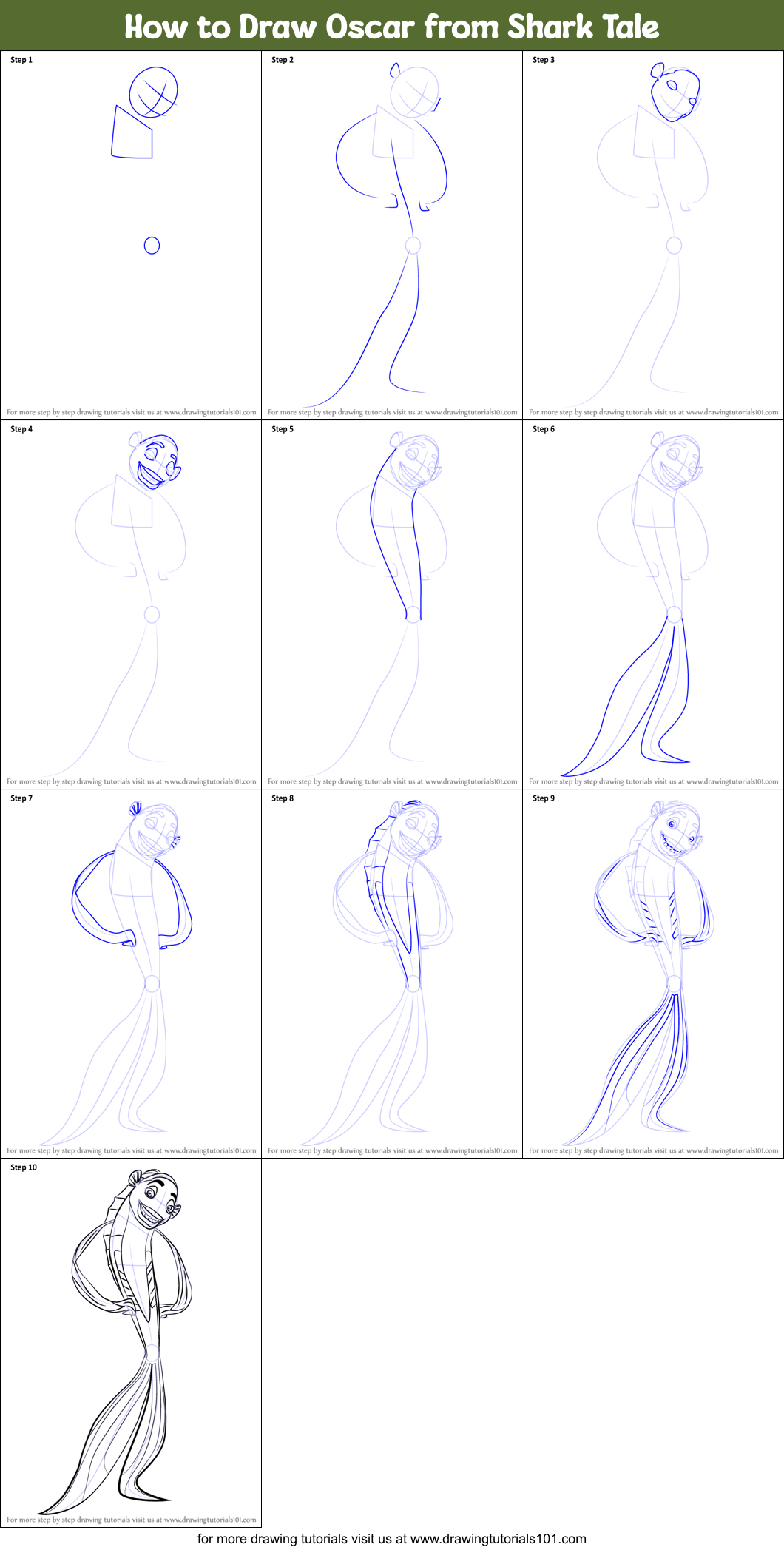 How to Draw Oscar from Shark Tale Printable Step by Step