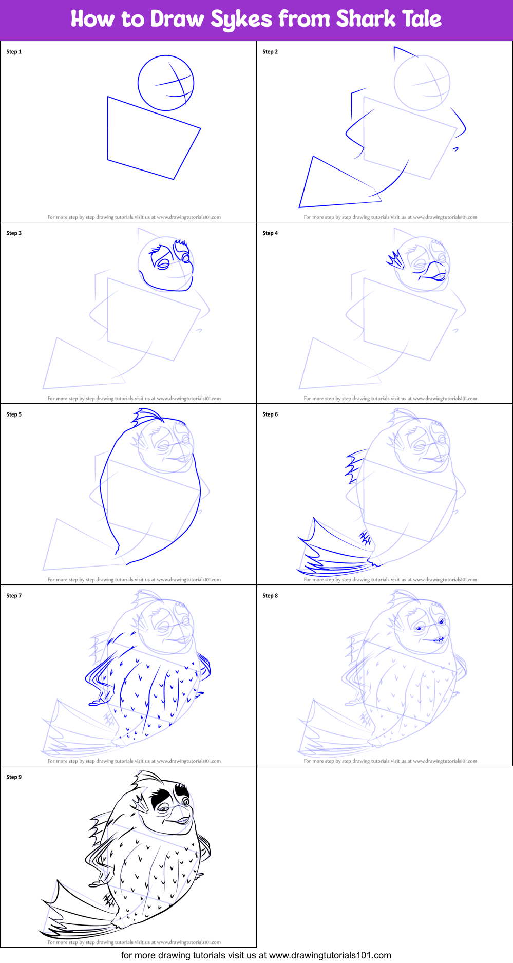 How to Draw Sykes from Shark Tale Printable Step by Step