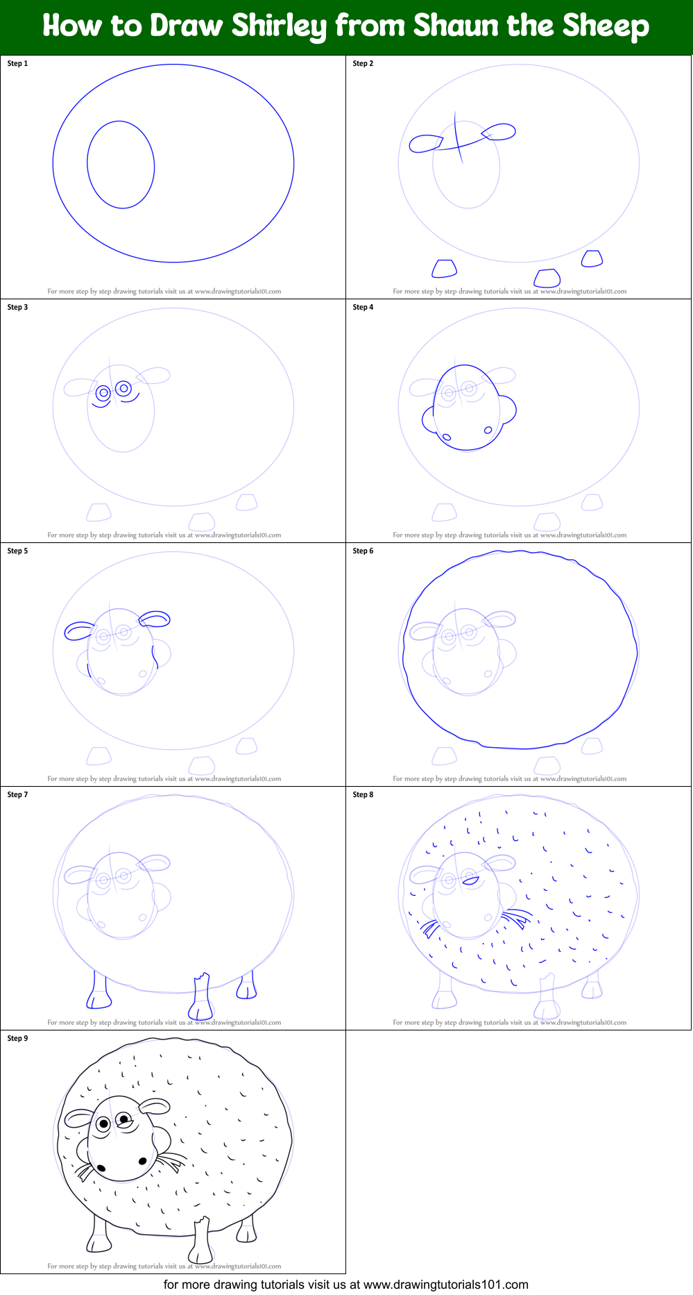 How to Draw Shirley from Shaun the Sheep Printable Step by Step