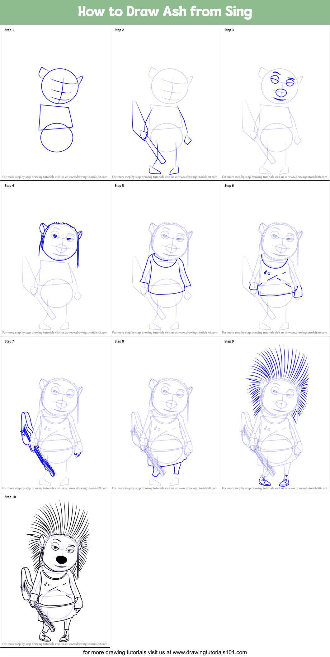 How to Draw Ash from Sing Printable Step by Step
