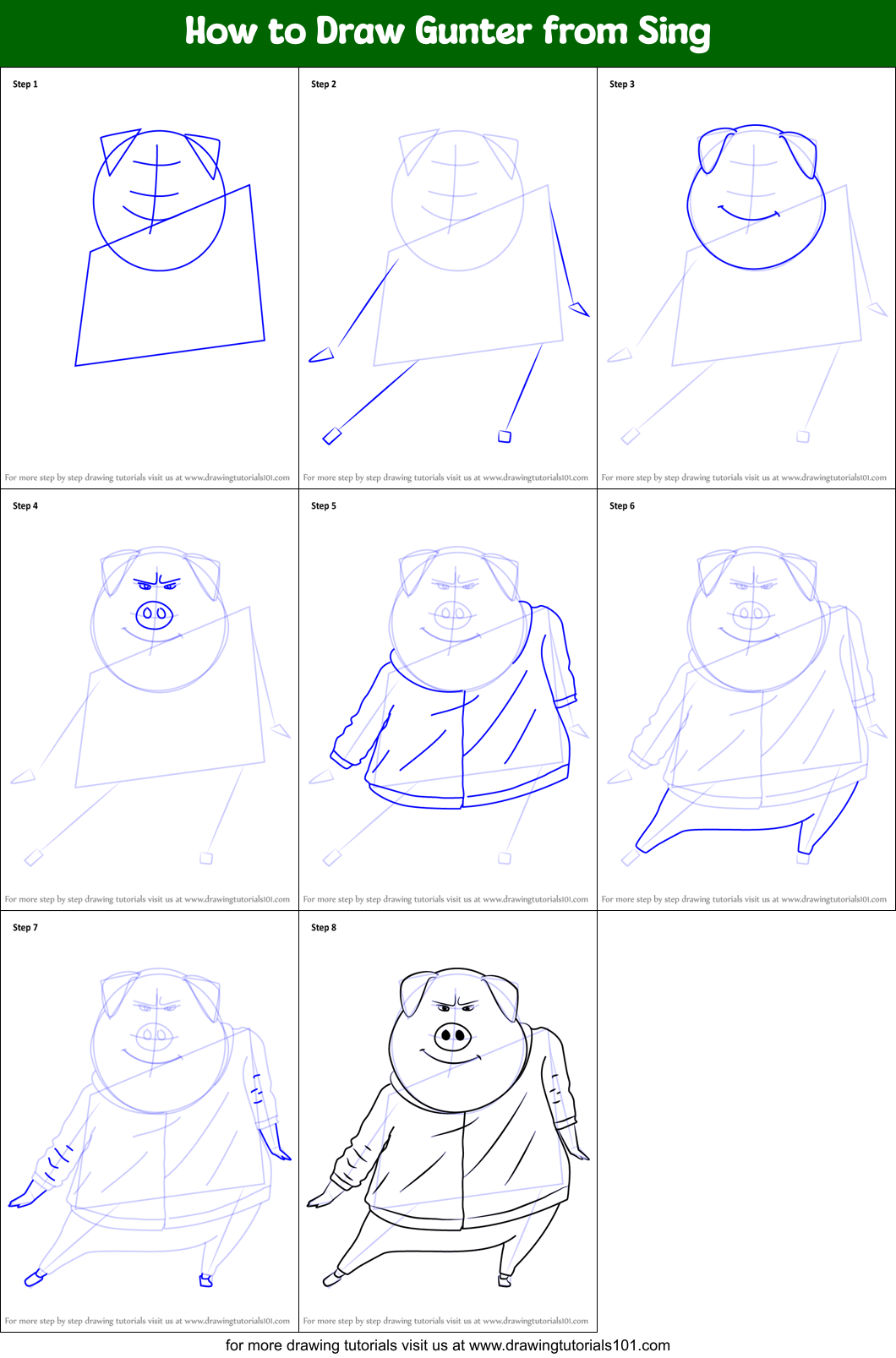 How to Draw Gunter from Sing Printable Step by Step