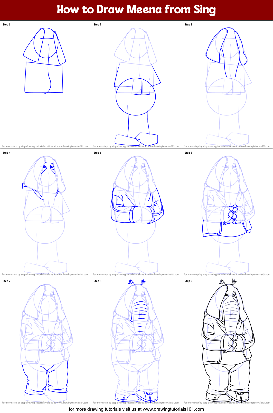 How to Draw Meena from Sing Printable Step by Step