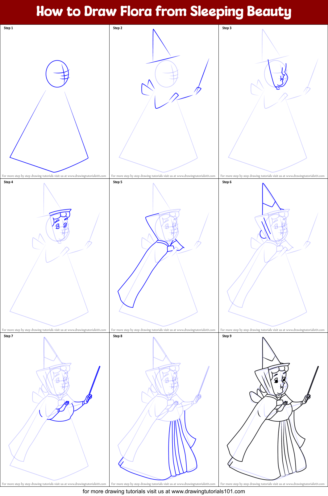 How to Draw Flora from Sleeping Beauty Printable Step by Step